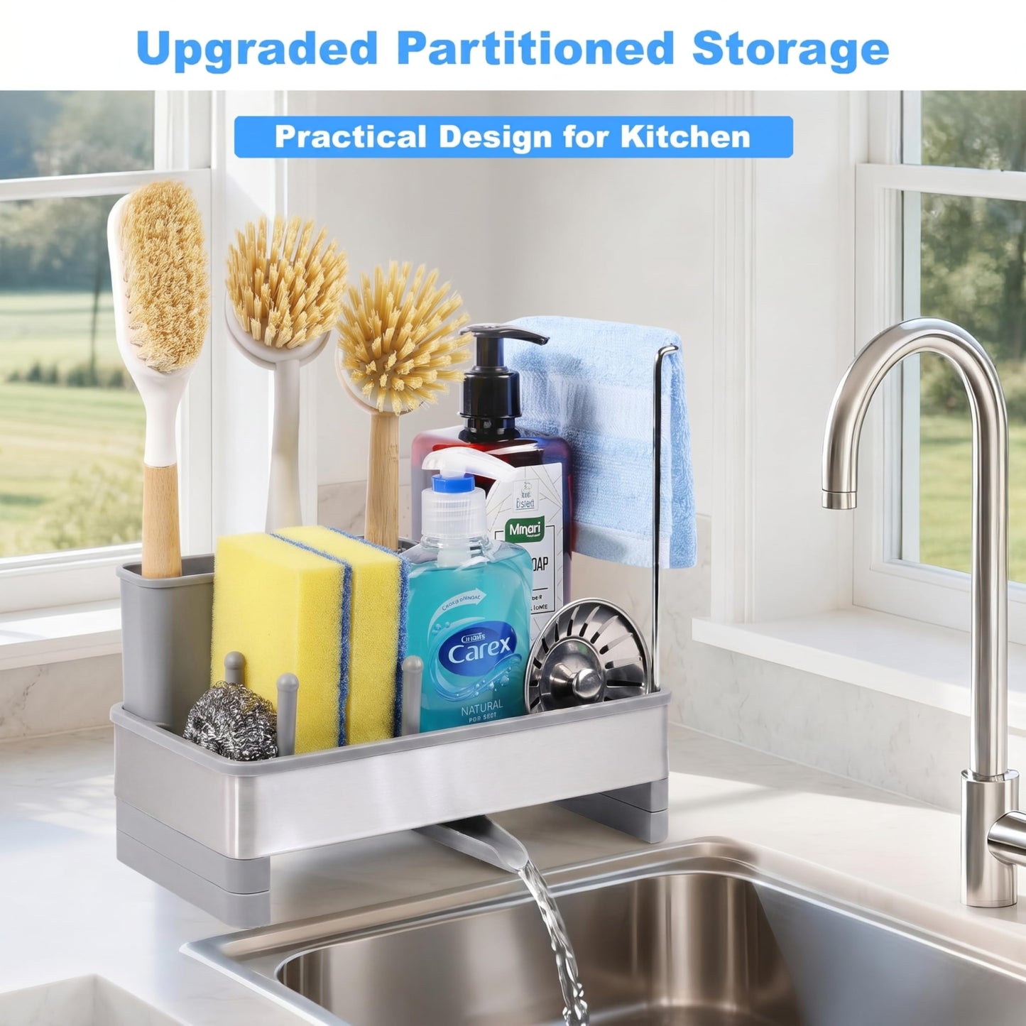Ouletoy Kitchen Sink Caddy Organizer, Stainless Steel Sponge Holder, Kitchen Caddy Sink Organizer with Dish Brush Holder and Dishcloth Rack, Rustproof Dish Sponge Drying Rack for Countertop Storage