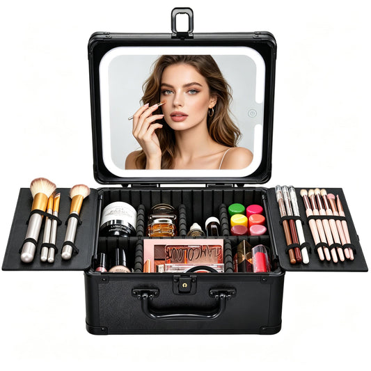 Faquenc Makeup Bag with LED Mirror – Hard Makeup Case with Lighted Mirror, Portable Makeup Organizer Box with 3-Color LED Light, Makeup Train Case with 6 Dividers, Makeup Travel Case for Women