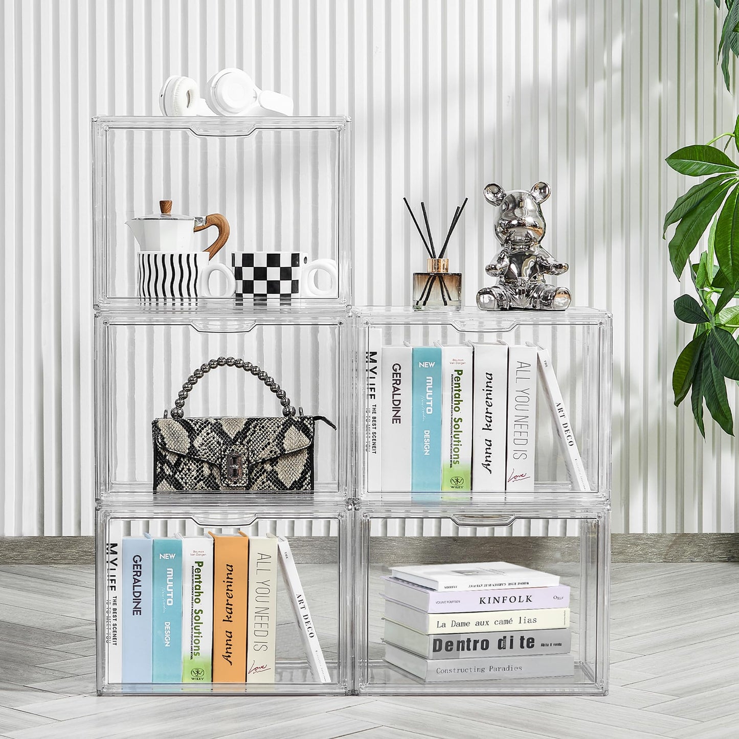 LXLXXL Cube Storage Organizer Acrylic Book Case Display Case Box Stackable Book Storage Containers With Magnetic Door Clear Plastic Portable Organizer For Living Room Bedroom 5 Pcs