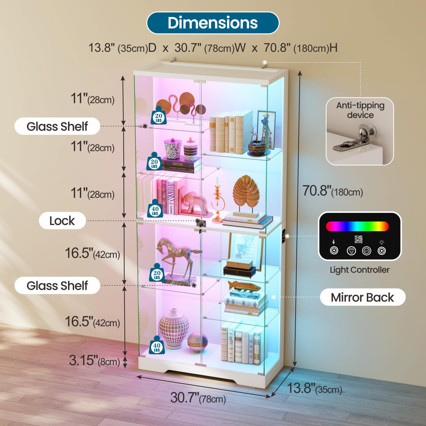Lvifur 71'' Glass Display Cabinet - with RGB Lights,10-Tier Curio Cabinet with Glass Doors,Lockable Figure Display Case with Human Body Sensor,Tall Showcase Cabinets for Collectibles,White