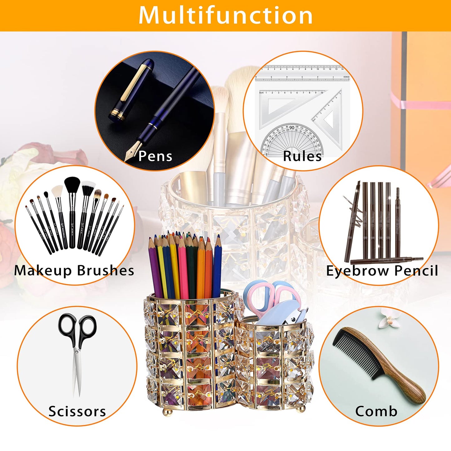 Hipiwe Makeup Brush Holder Gold Bling Crystal Makeup Brush Organizer Round Remote Control Holder Cosmetic Brush Tools Comb Pen Pencil Storage Pot Cup for Vanity, Office, Home Decor, 2-Slot