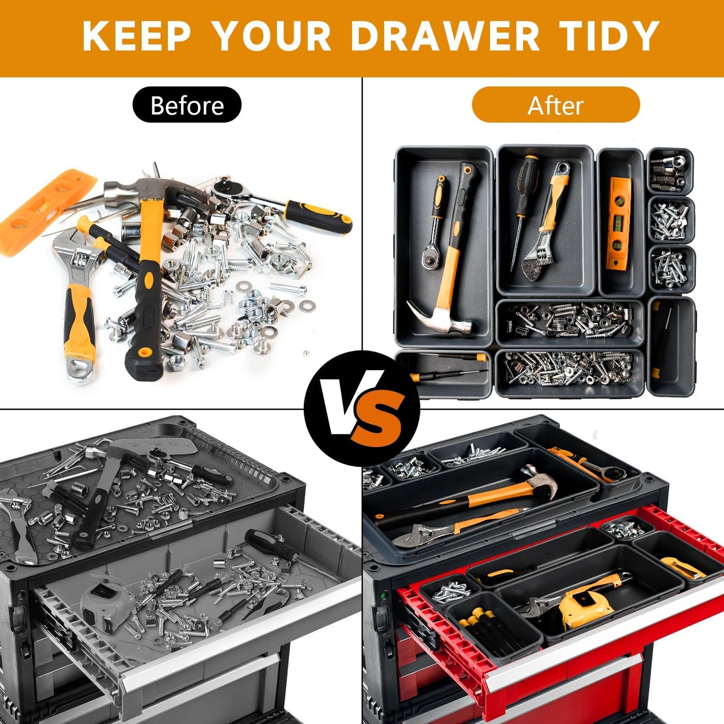 [60 PCS Upgraded] FLYVOLE Tool Box Organizer Tray, Toolbox Desk Drawer Organizer, Tool Box Tray, Toolbox Organization Storage for Rolling Tool Chest (60 PCS)