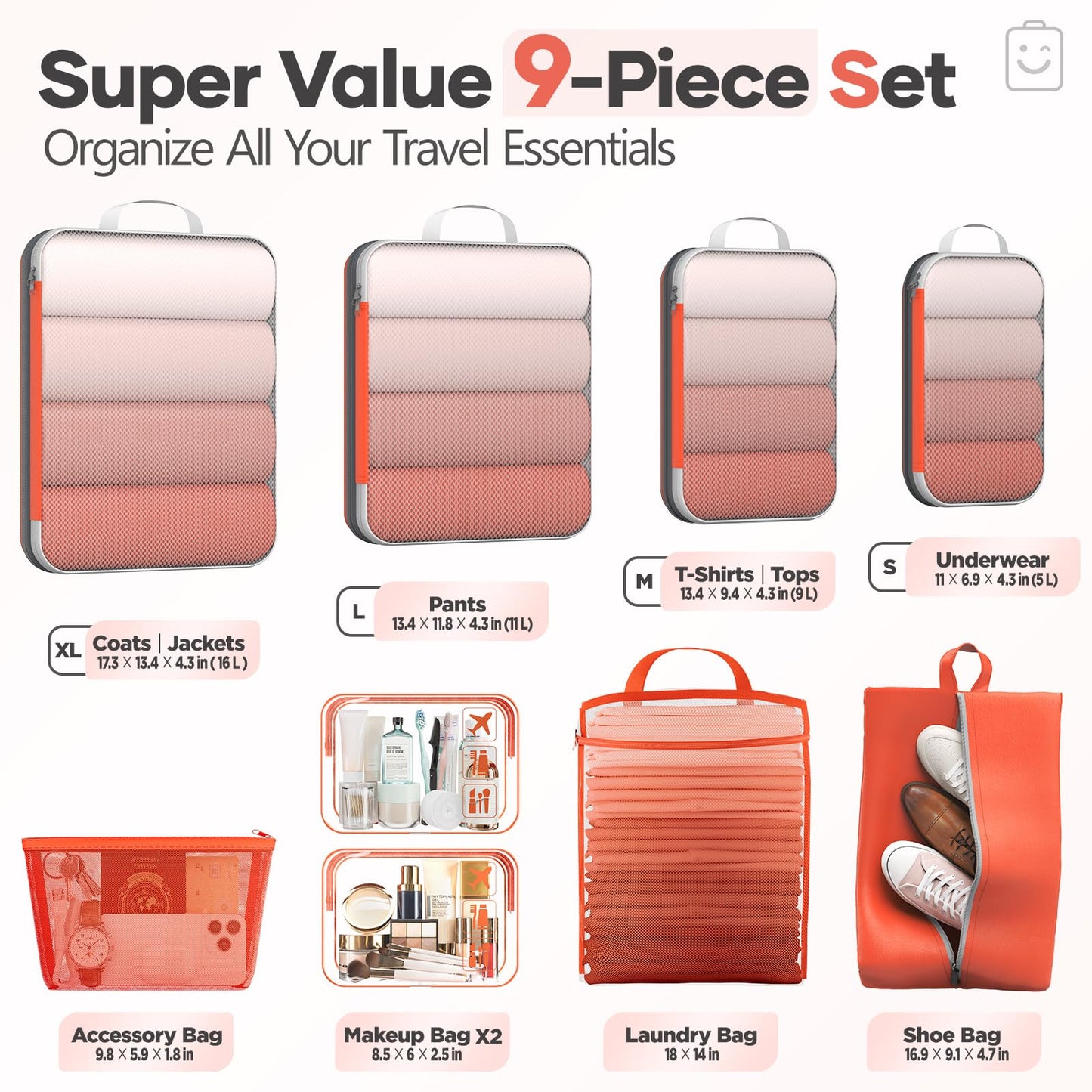 Veken 9/11 Set Compression Packing Cubes for Travel Essentials,Compressible Expandable Large Luggage Suitcase Organizer Bags for Clothing,Space Saver Bags with Over 1000 pcs of Mesh Holes(Orange)