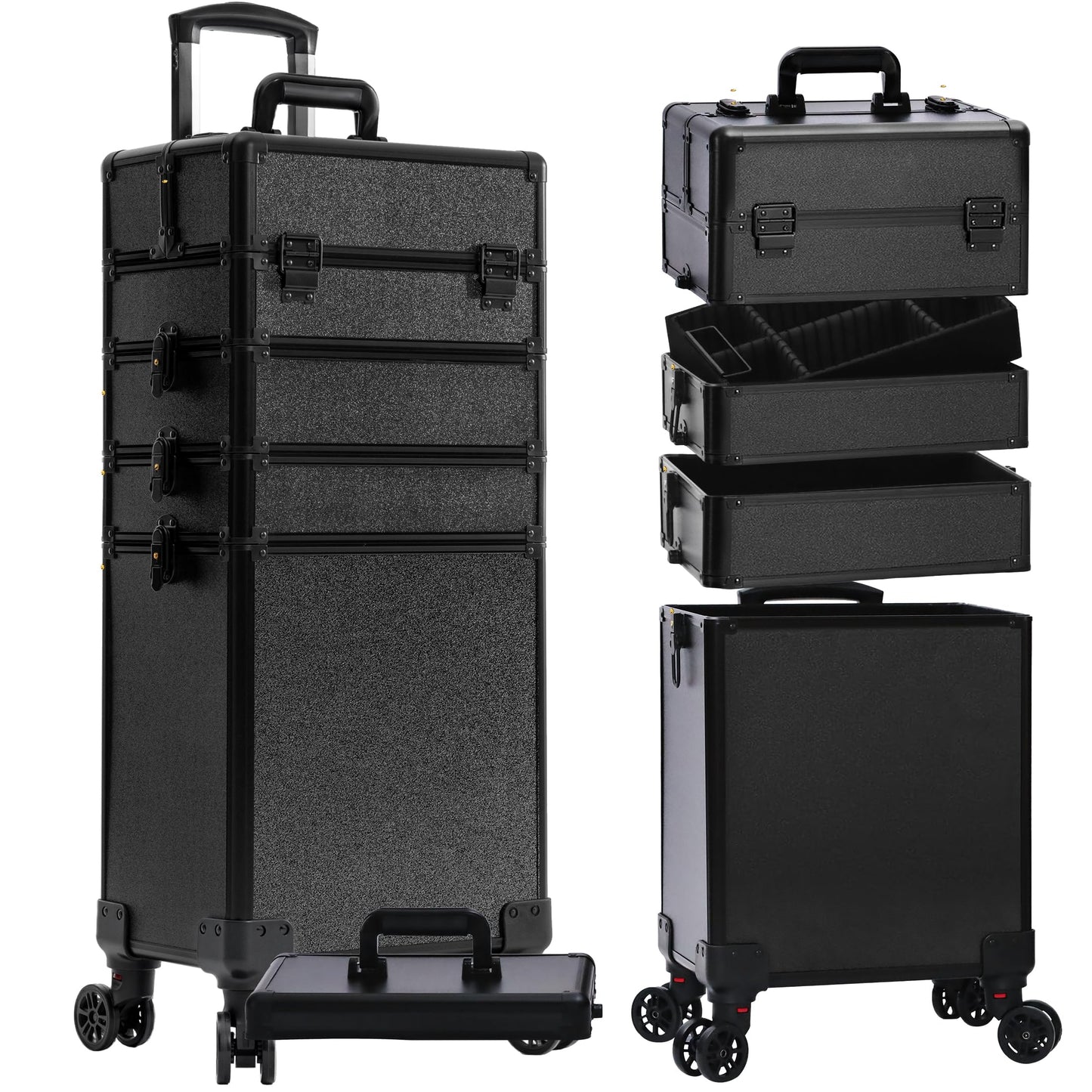 JINGUAN Profesional Rolling Makeup Train Case with Lid, 5 in 1 Cosmetology Case on Wheels, Large Cosmetic Trolley Organizer Travel for Hairstylist Artist Nail Beauty Salon Barber, Black