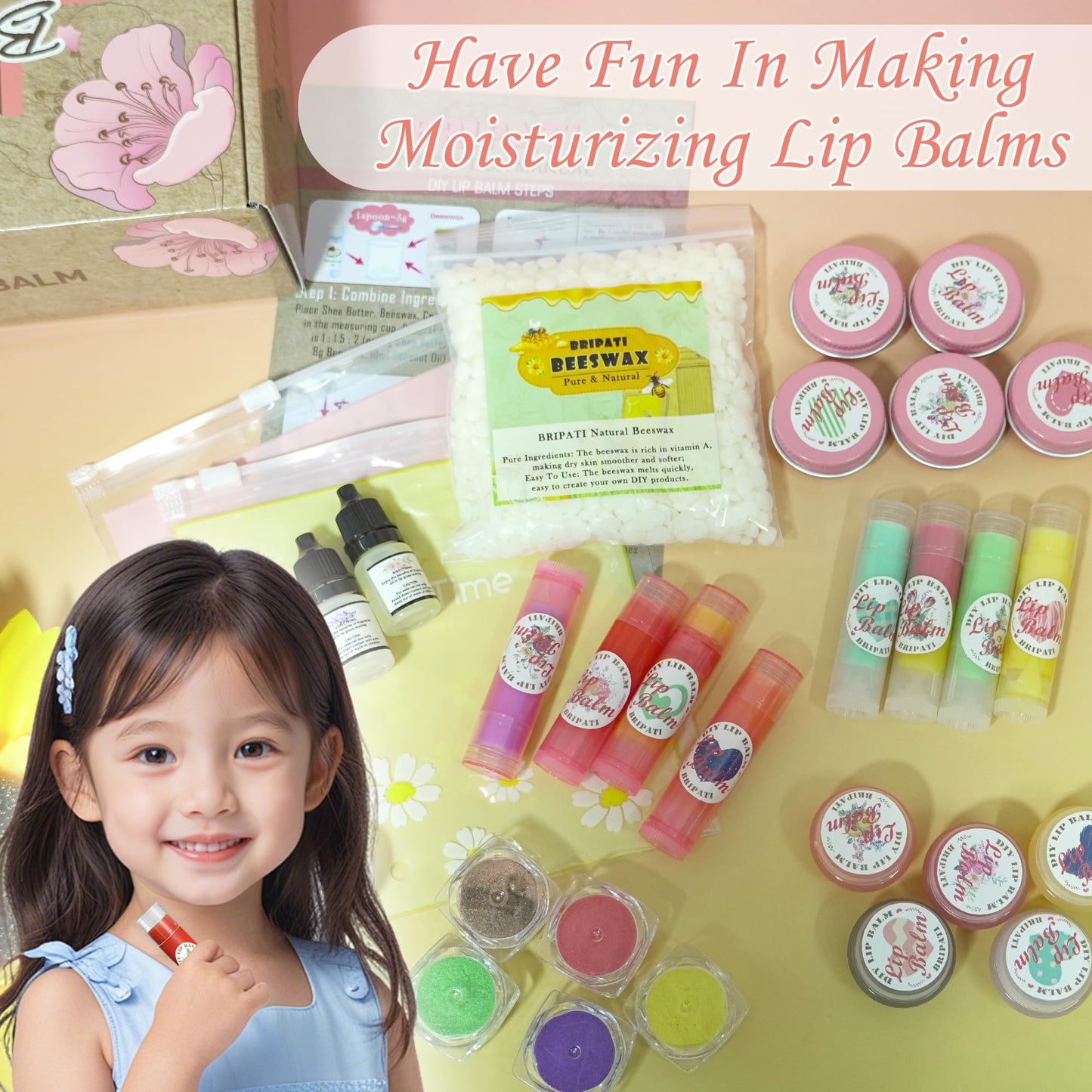 BRIPATI DIY Lip Balm Making Kit for Adults to Make Your Own Moisturizing Lip Balms Craft Kits with Natural Beeswax, Flavoring Oil, Empty Lip Balm Tubes Jars, Birthday Christmas Mother’s Day Gift