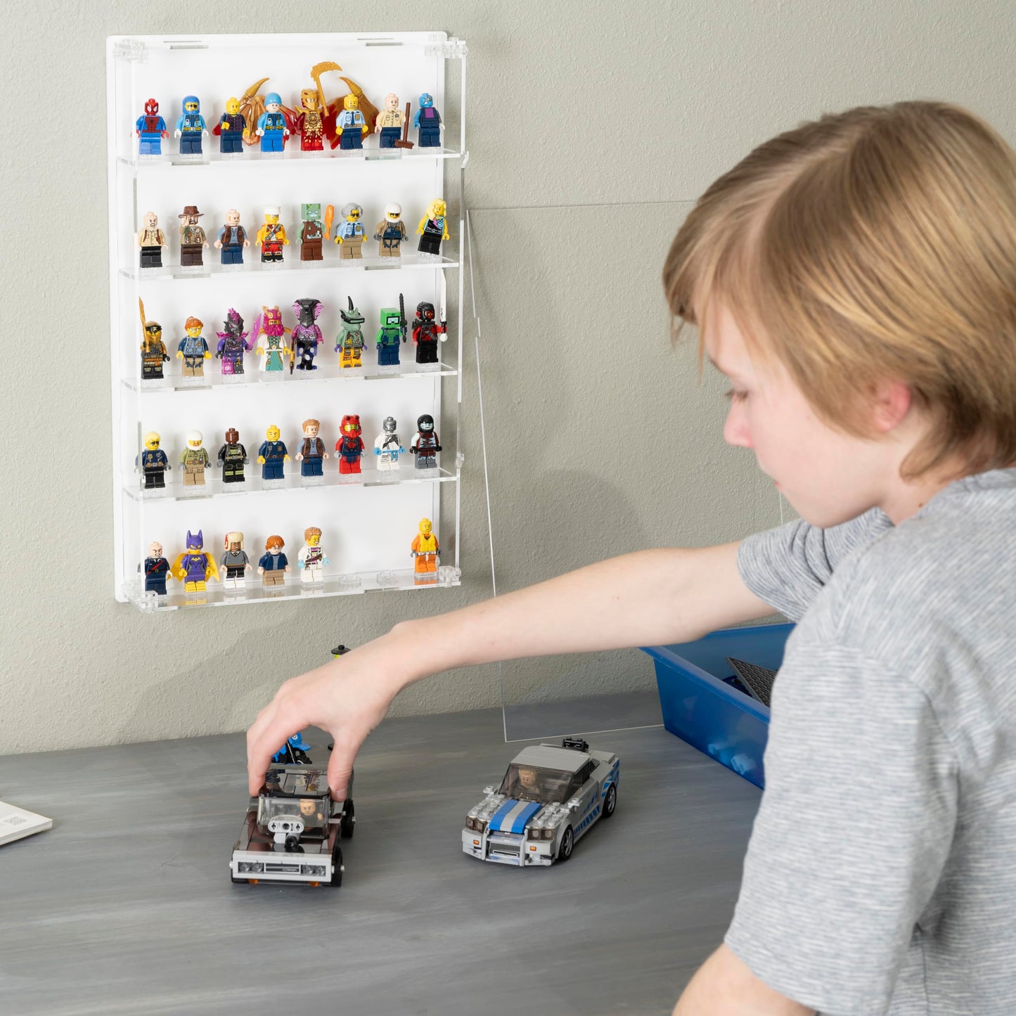 Homelodge Acrylic Minifigure Display Case - Wall Mount Mini Figure Storage Shelves with White Background - Holds 40 Tall Minifigs - Clear Shelf Box for Large Minifigures - Stands & Extra Accessories