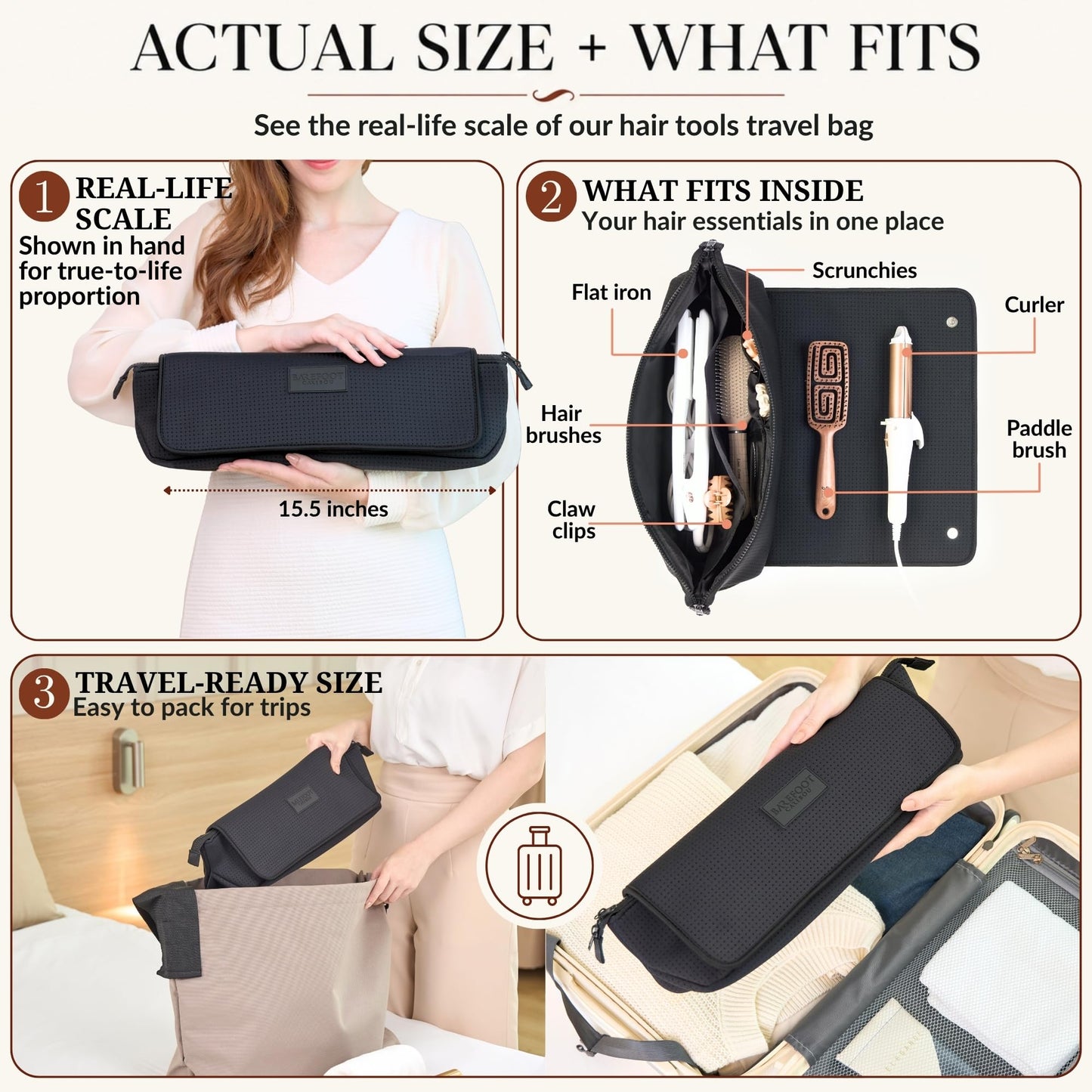 BAREFOOT CARIBOU Hair Tools Travel Bag and Heat Resistant Mat (15.5") for Flat Irons, Straighteners, Curling Iron, and Haircare Accessories, 2-in-1 design, Interior Pockets, Organizer (Mesh Black)