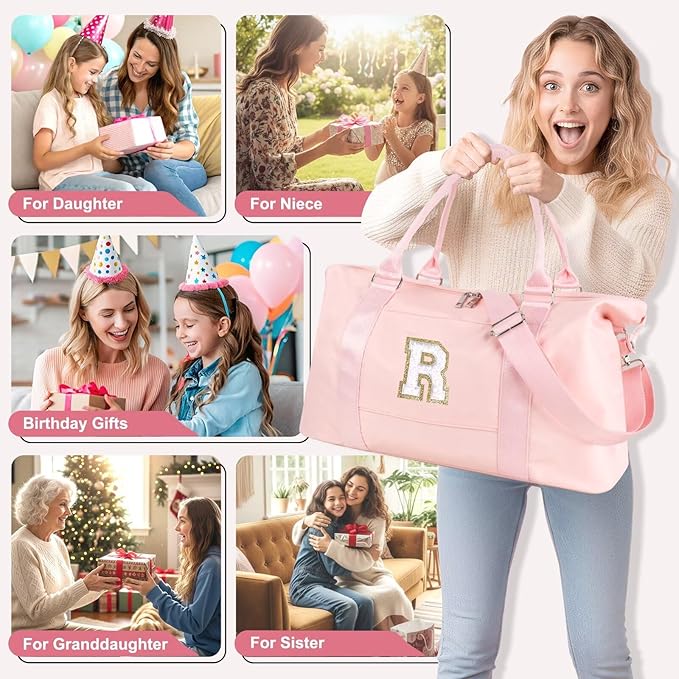 Dance Gym Duffel Bag for Teen Girls, Personalized Initial Travel Weekender Bag,Cute Overnight Carry On Duffle for Women,Sports Travel Cheer Bag,Monogram Christmas Gifts for Tween Preppy(pink-R)