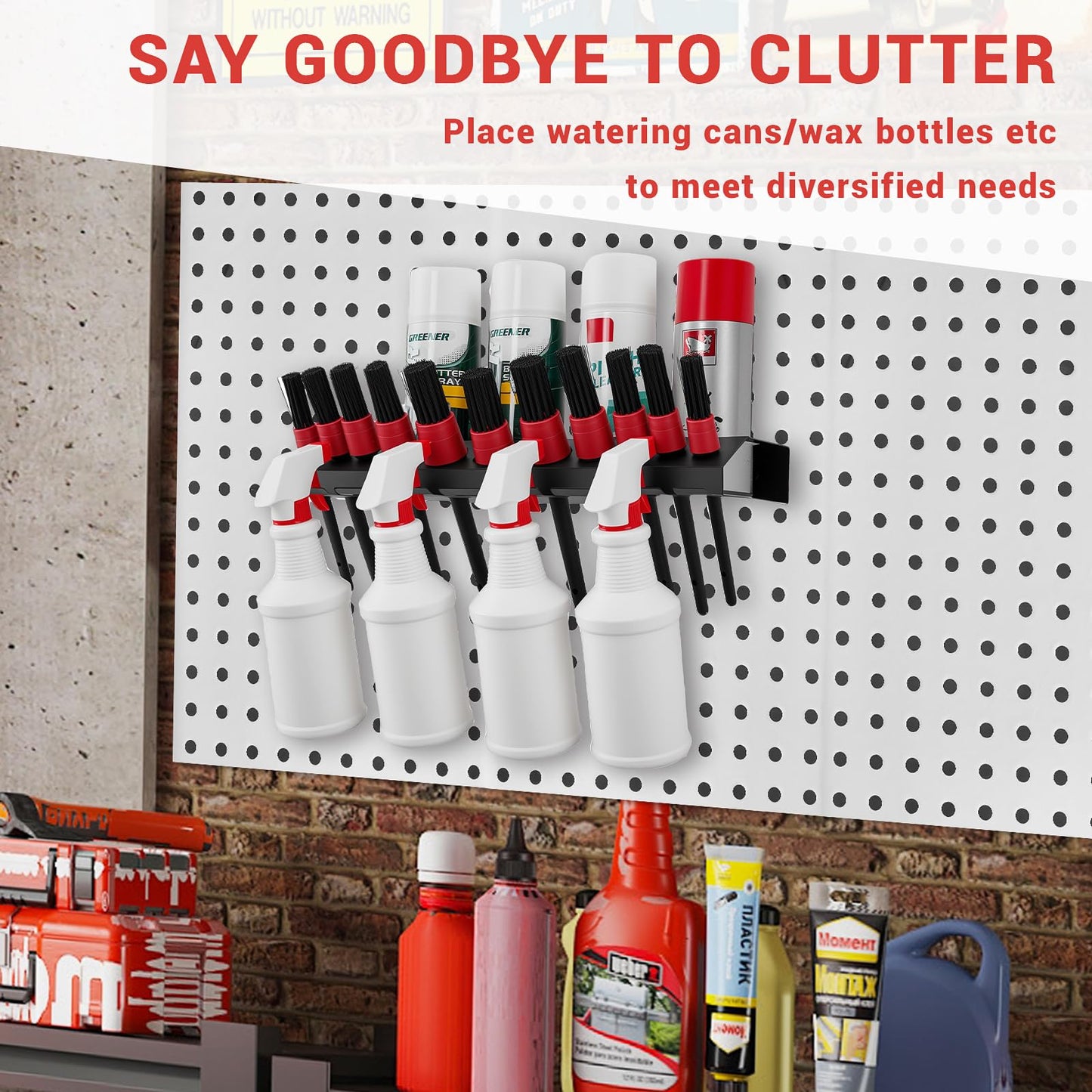 Car Cleaning Brush and Spray Bottle Storage Rack, Wall Mount Bottle Organizer Detailing Brush Organizer Holder，Car Beauty Shop Accessory Display，Spray Containers Tool for Auto Repair Shops Garages
