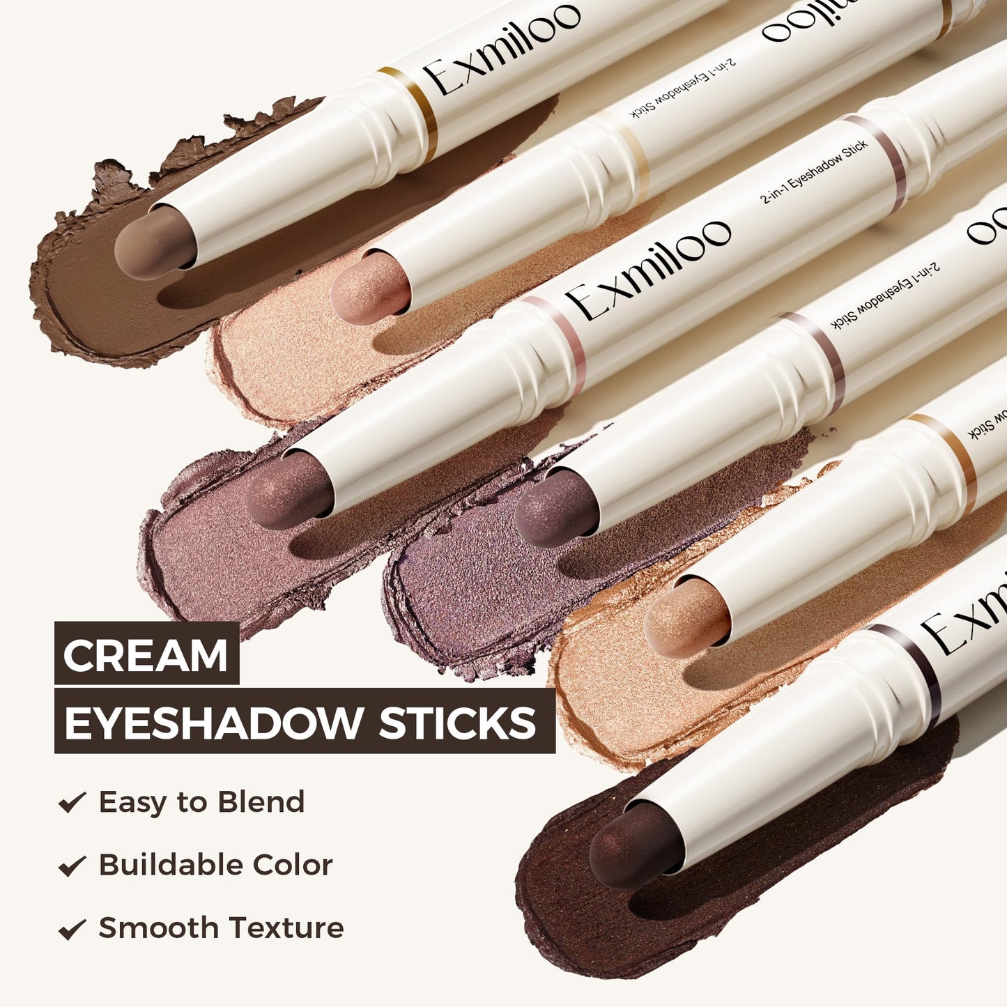 Exmiloo 2PCS Dual-Ended Cream Eyeshadow Stick Set - 4 Shades with Shimmer & Matte Finish - Blendable Eye Shadow Sticks for Easy Everyday & Smoky Looks, Waterproof, Vegan & Cruelty-Free