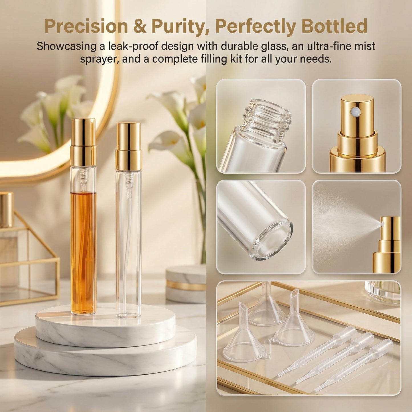 Bvrocio 50Pcs 10ml Mini Spray Bottles, Empty Clear Glass Mist Spray Bottle Refillable Mini Perfume Atomizer Travel Sample Bottle Lids Fine Mist Perfume Atomizer Makeup Container