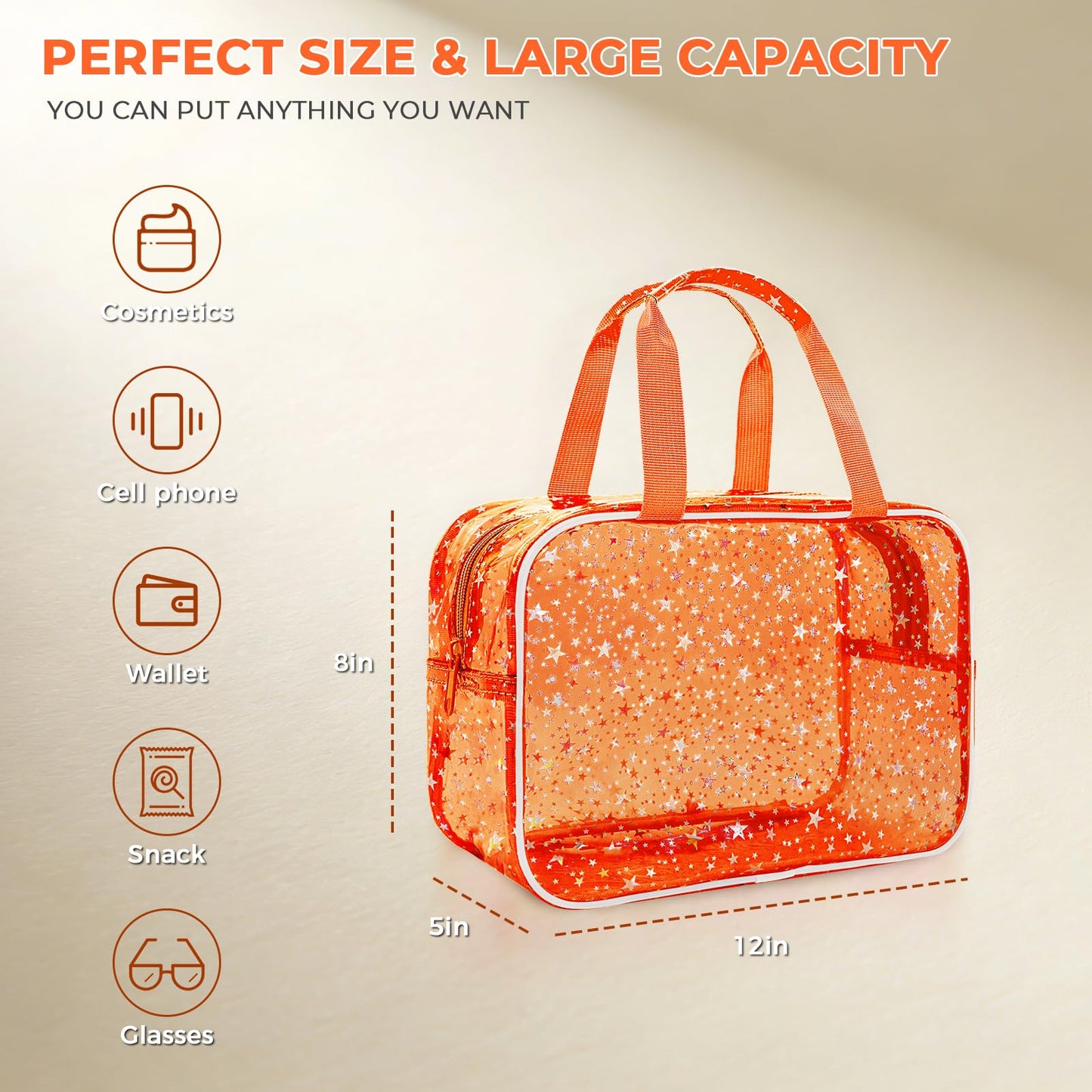 Junesters Clear Orange Star Large Makeup Bag with Star Pattern 12x5x8 inch, Travel Cosmetic Bag with Handle, Durable PVC Material Washbag Zipper Opening Design for Makeup Travel Organizer or Gym Use