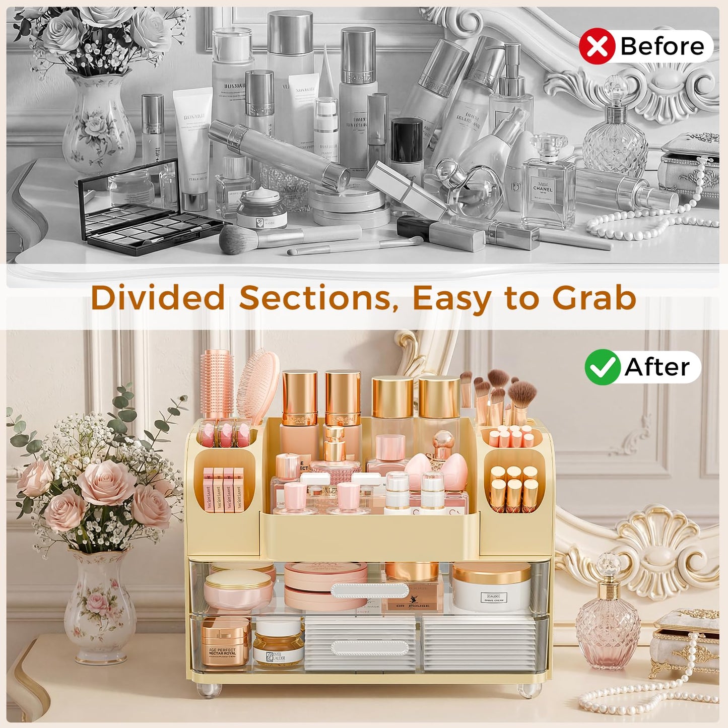 Makeup Organizer for Vanity with Brush Holder, Large Bathroom Countertop Organizer & Skincare Storage | Perfume, Cosmetics Display Case with Drawers (Cream White)