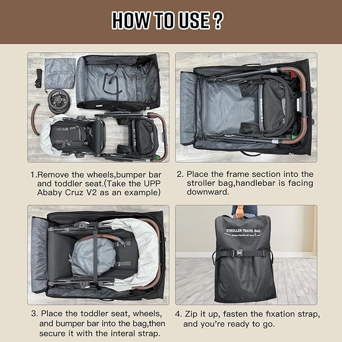 RAYMACE Padded Stroller Travel Bag for Airplane,Stroller Gate check bag with Wheels Fits UPPAbaby Vista V2,Cruz V2(Remove Rear Wheels), Travel Safe Protection Storage Bag, Patterned Design,Black