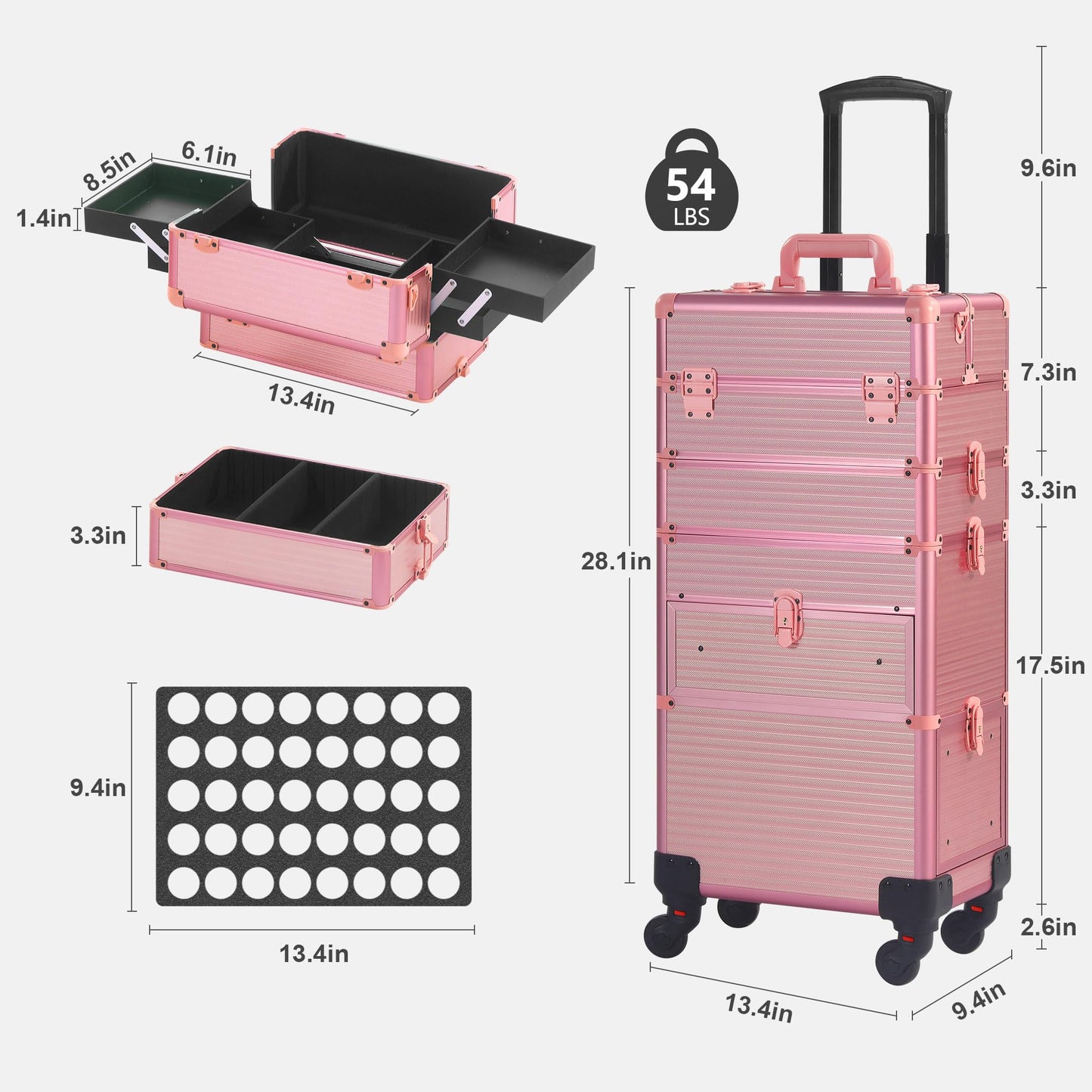 Somduy Rolling Makeup Case with Drawer, Makeup Train Case, 4 in 1Cosmetology Case on Wheels, Christmas Gift, Large Makeup Case Organizers, Profesional Cosmetic Case for Salon Barber, Light pink