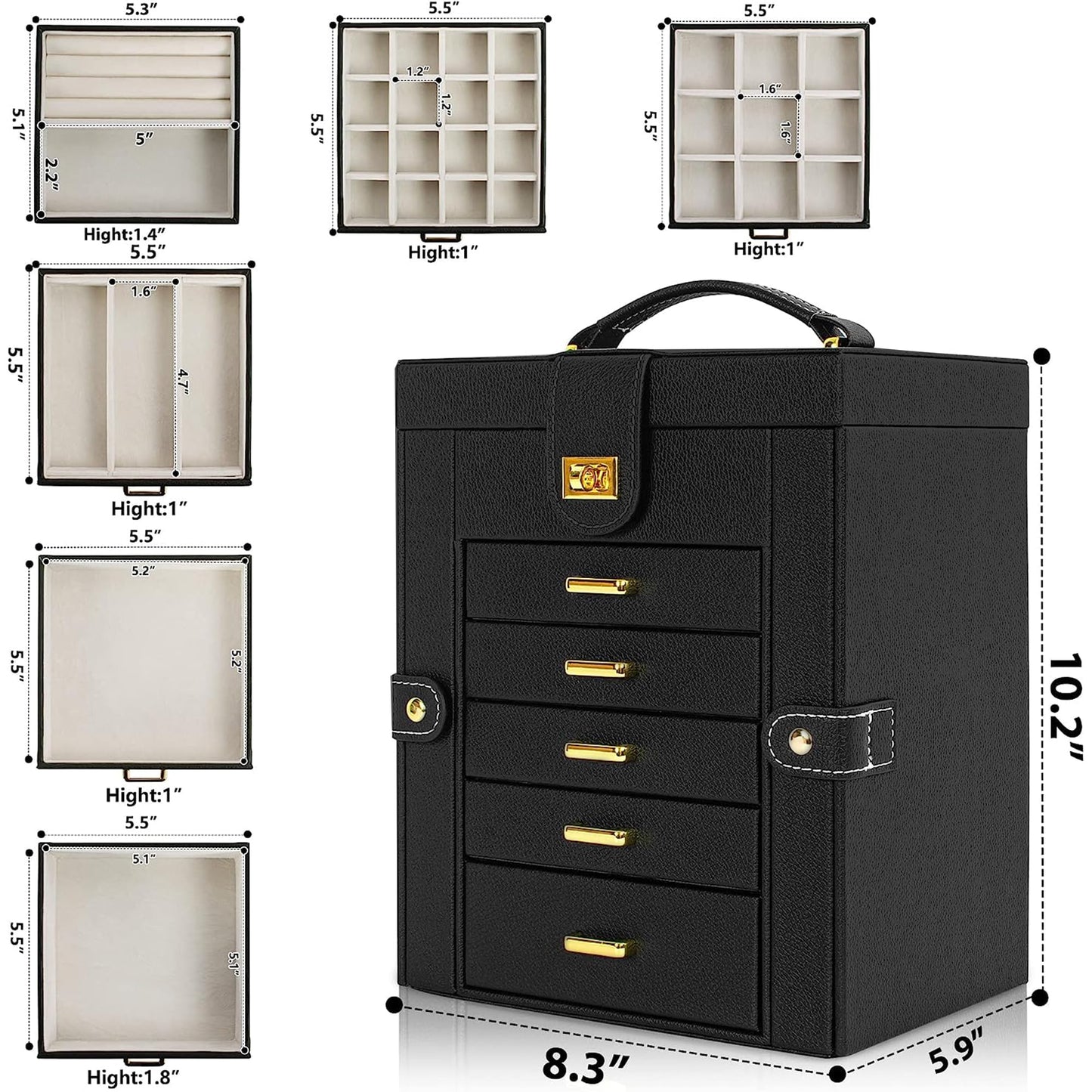 AKOZLIN 6-Tier Jewelry Box Organizer Functional 5 Drawers Leather Jewelry Storage Case for Women Girls Ring Necklace Earring Bracelet Holder Organizer with Mirror Black Regular