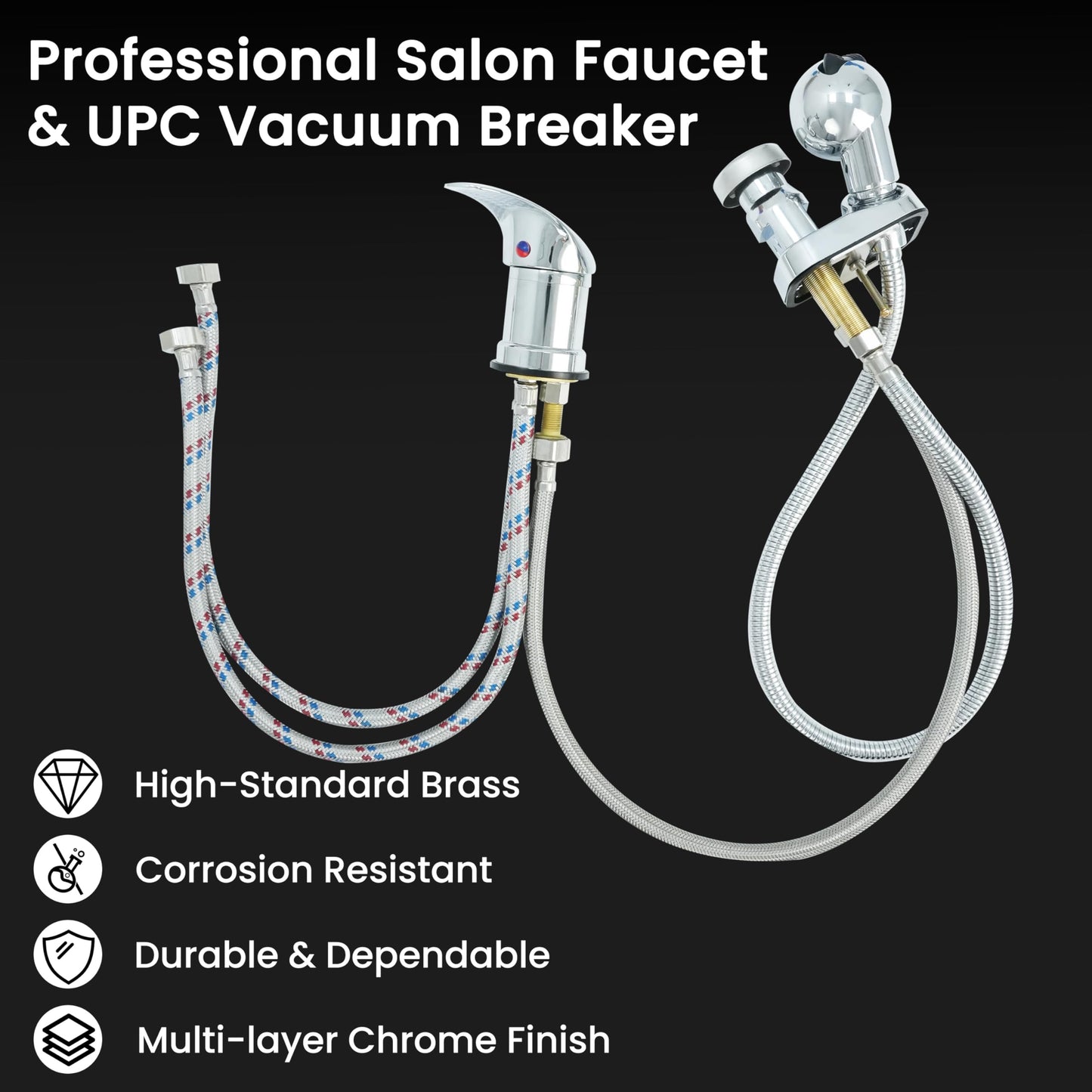 Professional Salon Shampoo Bowl Faucet for Home, Chrome Hose Replacement Set, Sprayer With Vacuum Breaker, Bath Accessories