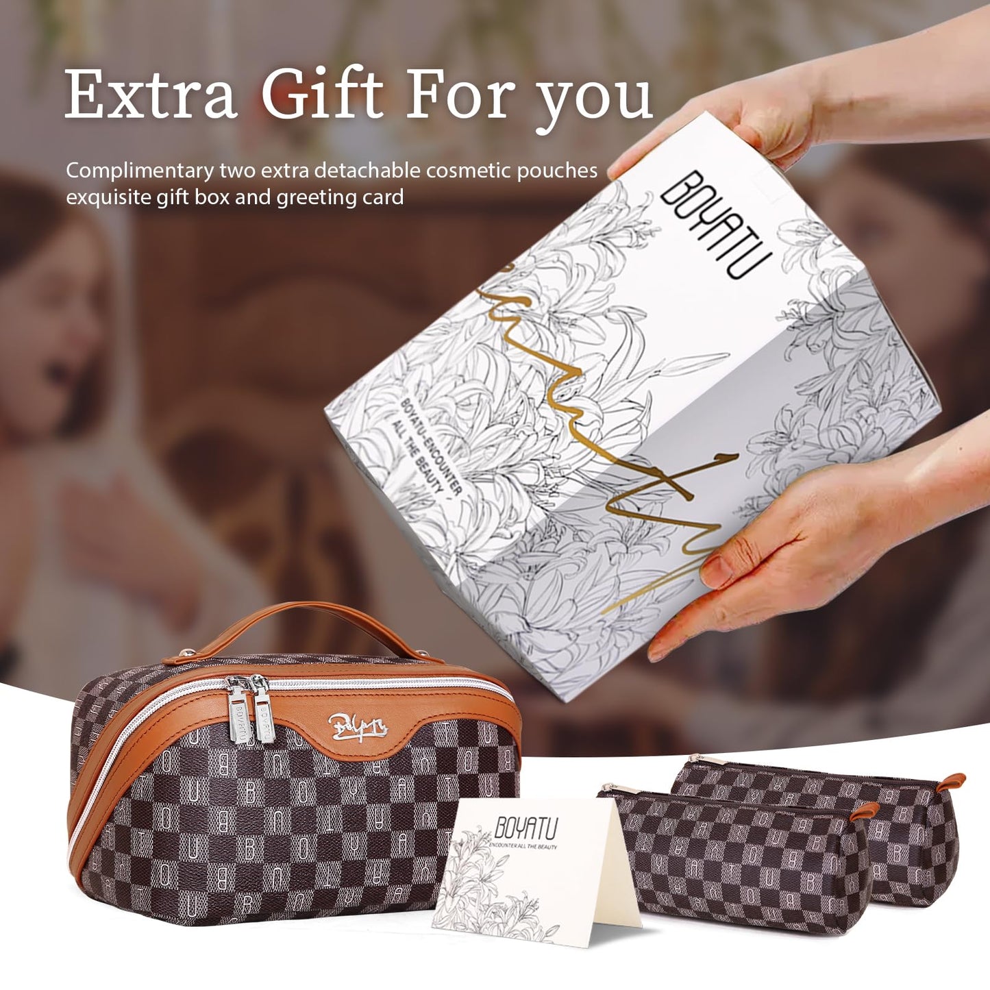 BOYATU Travel Makeup Bag Organizer Cosmetic Bag: 3 Pcs Set Make up Bags for Women with Handle - Waterproof Vegan Leather Toiletry Bags Travel Essentials Pouch with Compartments (H-01-Brown)
