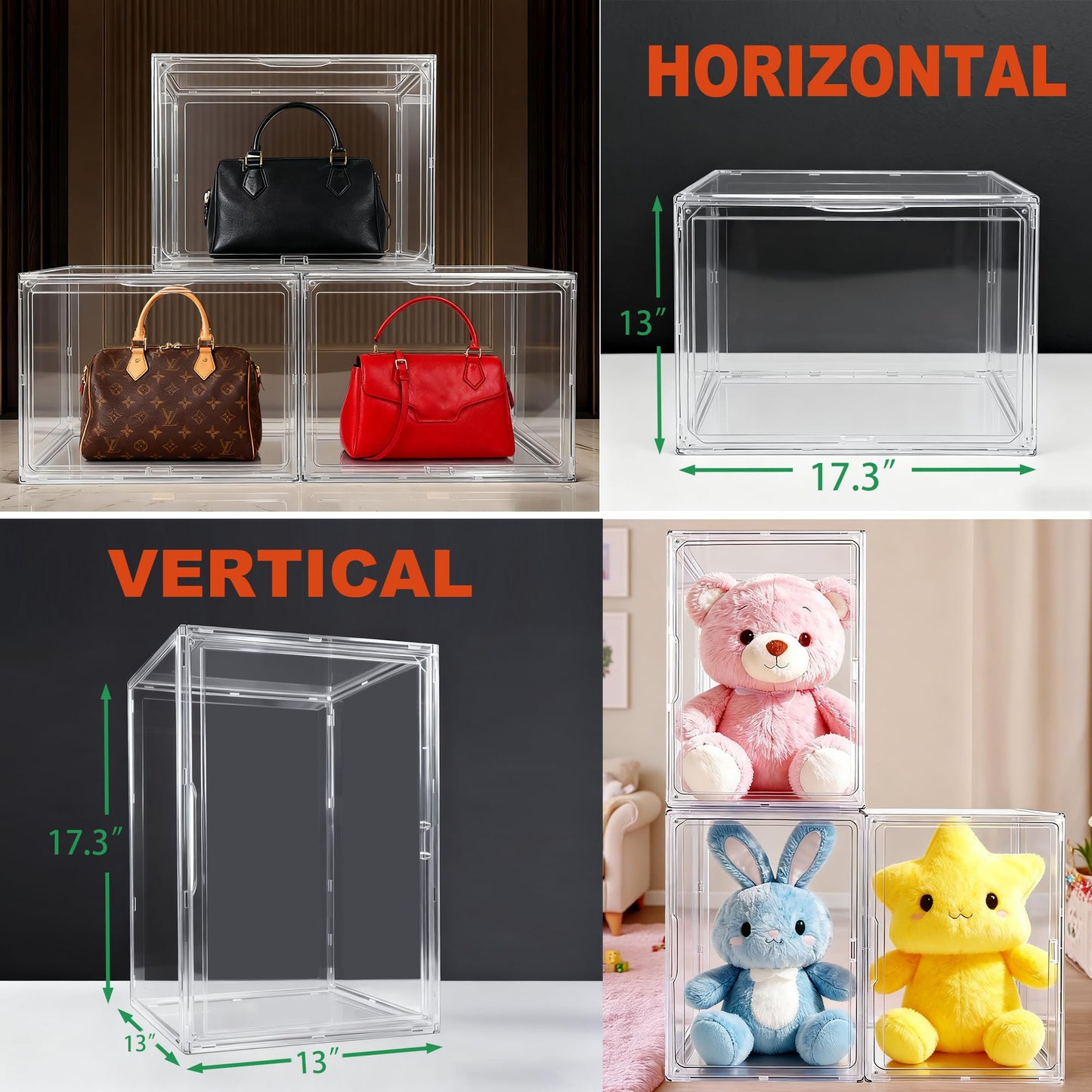 5 Pack XXX-Large Acrylic Purse Organizer for Closet, 17.3''x13''x13 Clear Display Case Bag Handbag Storage Box with Magnetic Lid, Plastic Storage Bins for Helmet, Tall Boots, Large Figure Collectibles