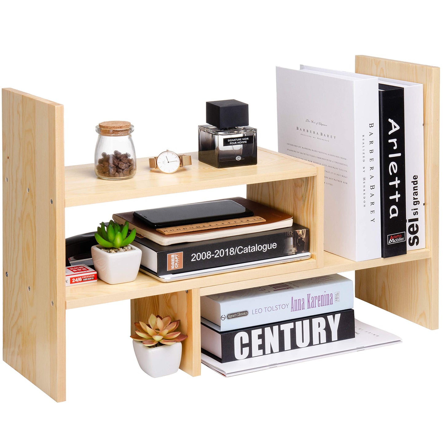 VERGOODR Desktop Organizer Office Storage Rack Adjustable Natural Wood Display Book Shelf Stand Rack Wood Caddy Desk Organizer Set Office Storage Expandable Tabletop