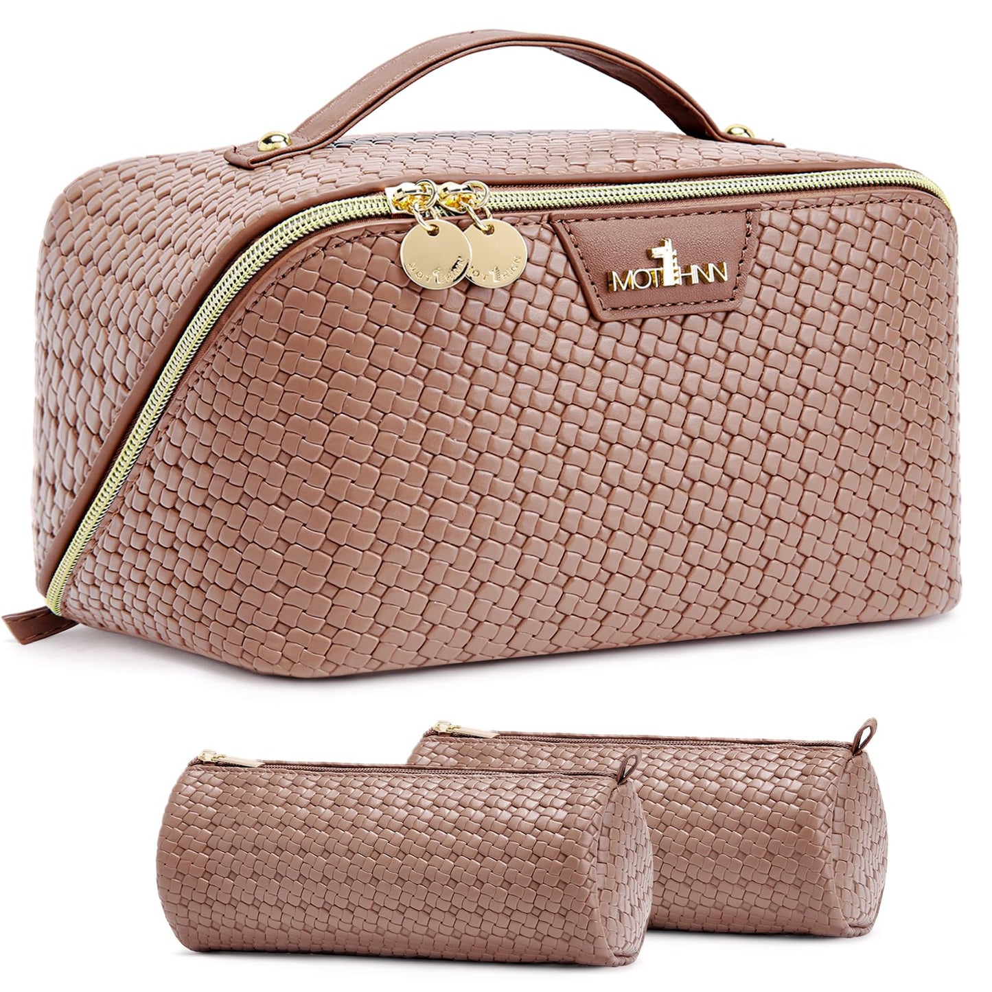Travel Makeup Bag for Women: Designer 3 Pcs Set Cosmetic Bags for Women - Large Capacity Vagen Leather Hand-made for Toiletry Organizer - Ladies Travel Flat Open Essentials for Luxury (10Brown)