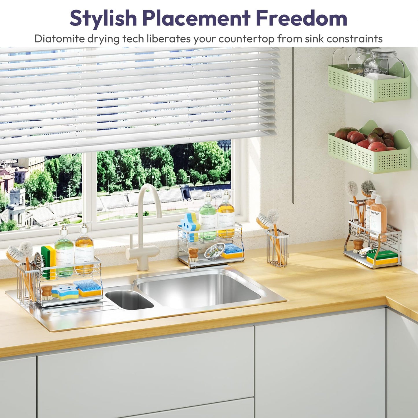 SWTYMIKI Kitchen Sink Caddy Organizer, 2 Tier Sponge Holder for Kitchen Sink with Instant Drying Stone, Removable Brush Holder for Fast Drying on Countertop, Silver