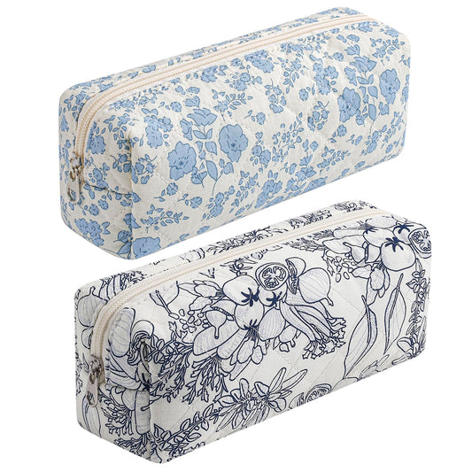 HHQQWZ Cute Floral Cotton Makeup Brush Cosmetic Bag for Women, Travel Quilted Zipper Make Up Bag, Flowers Toiletry Organizer Case Kawaii Makeup Cosmetic Travel Cloth Pouch (Blue+Navy Blue)