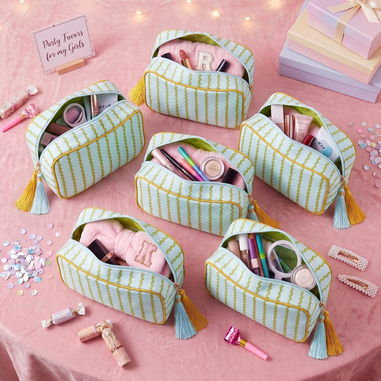 Kacctyen 6 Pack Mustard Yellow and Sage Green Striped Makeup Bag bulk with Tassel Travel Cosmetic Pouch Organizer Large Zipper Toiletry Case for Women Aesthetic Storage Pouch Mahjong Tile Bag