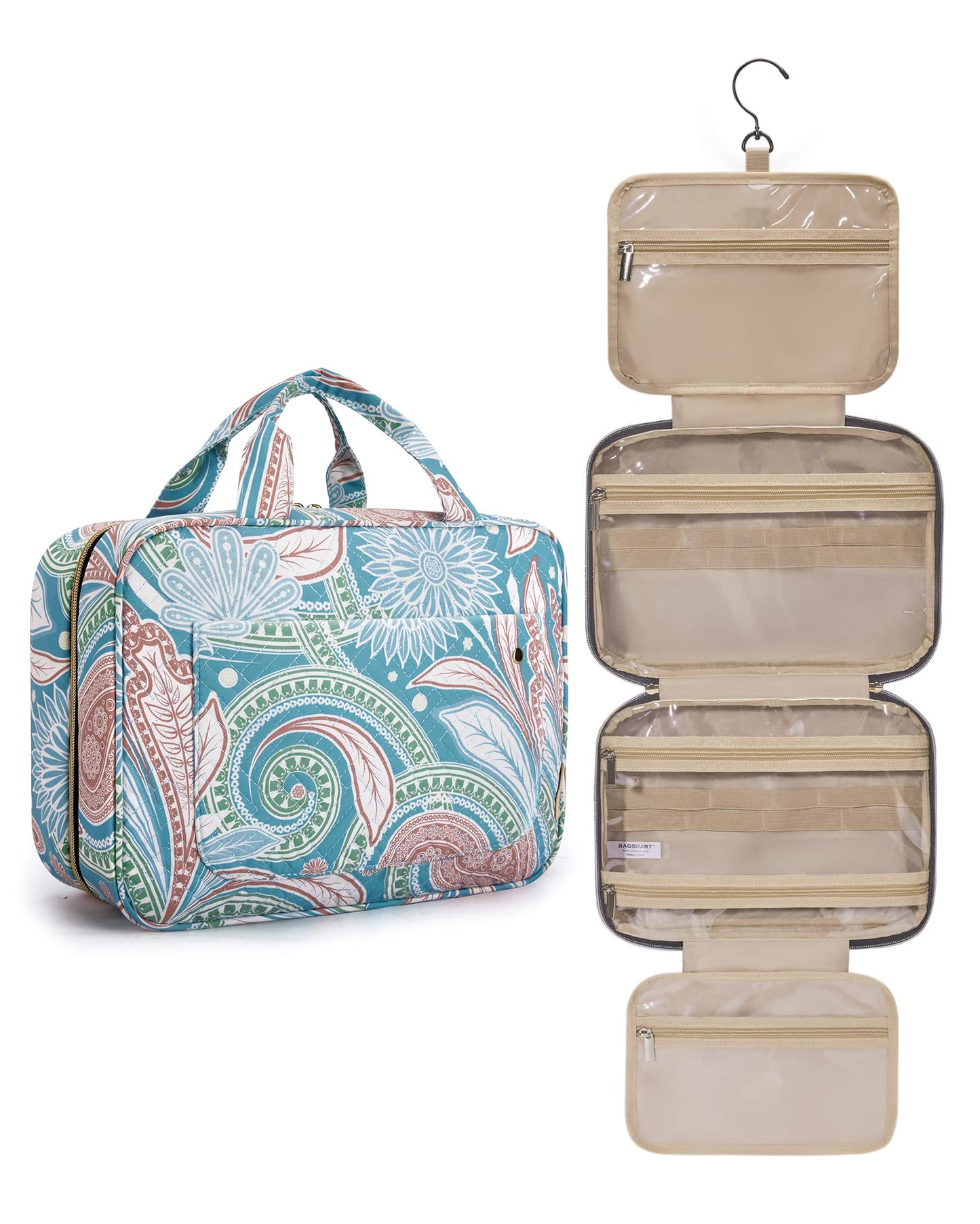 BAGSMART Toiletry Bag Travel Bag with Hanging Hook, Water-resistant Makeup Cosmetic Bag Travel Organizer for Accessories, Shampoo, Full Sized Container, Toiletries (Green Paisley, Large)
