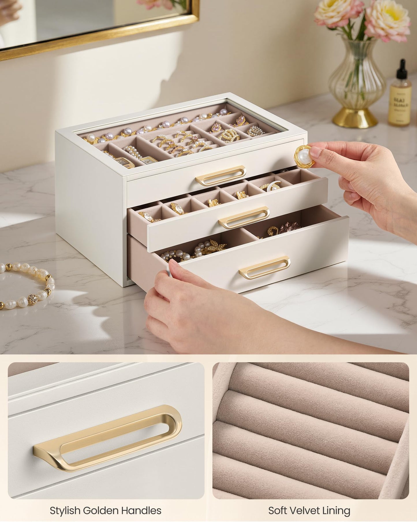 SONGMICS 3-Layer Jewelry Box with Glass Window, Jewelry Storage Organizer with 3 Drawers, Golden Handles, for Rings, Earrings, Bracelets, Gift Idea, Cream White, 6.3 x 9.4 x 4.9 Inches UJBC206WD02S