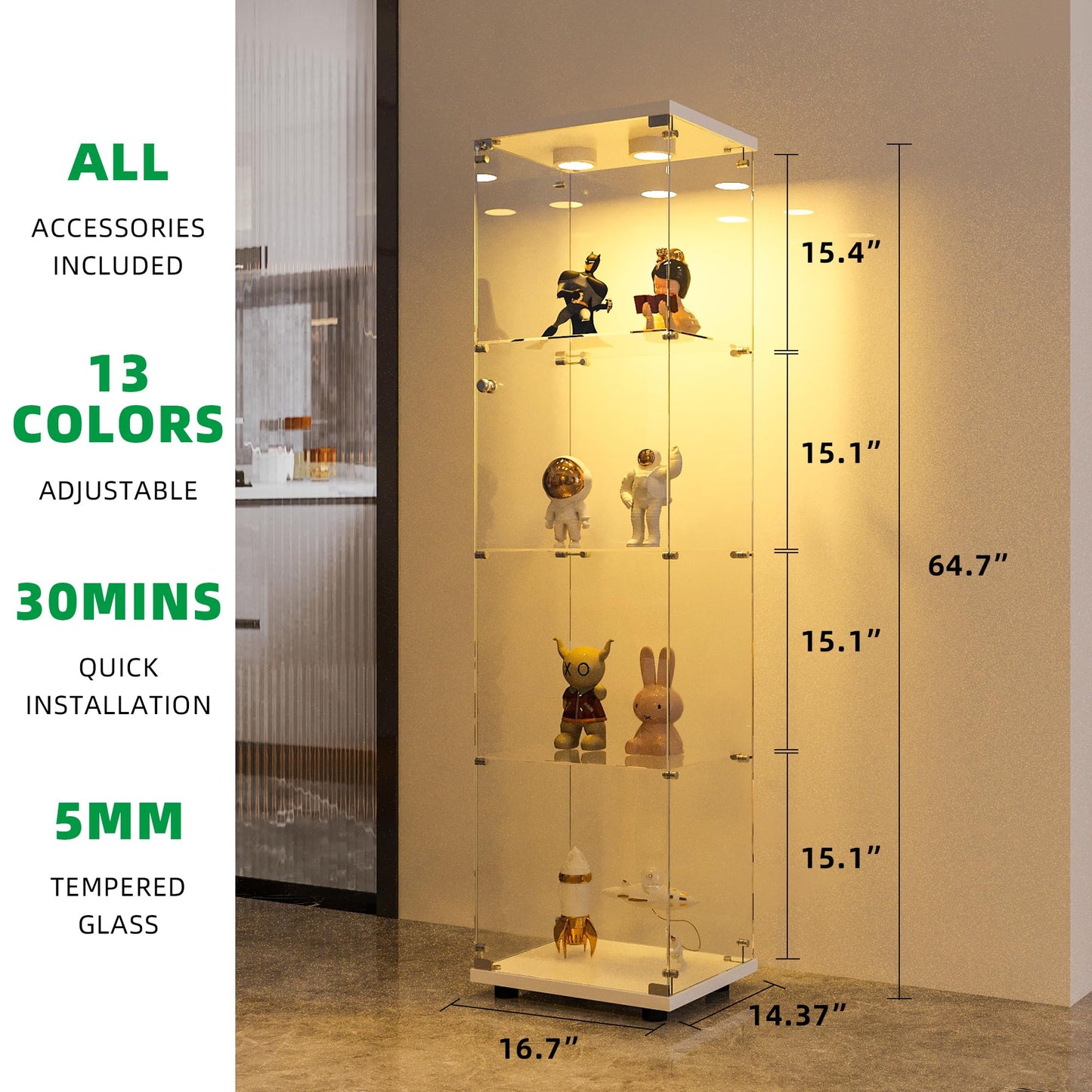 FANYUSHOW Display Cabinet with Glass Door and LED Light, 4-Tier Tempered Glass Display Shelf, Glass Curio Cabinet Collection Display Case, Display Case Cabinet, White 64.7" H x 16.7" L x 14.37" W