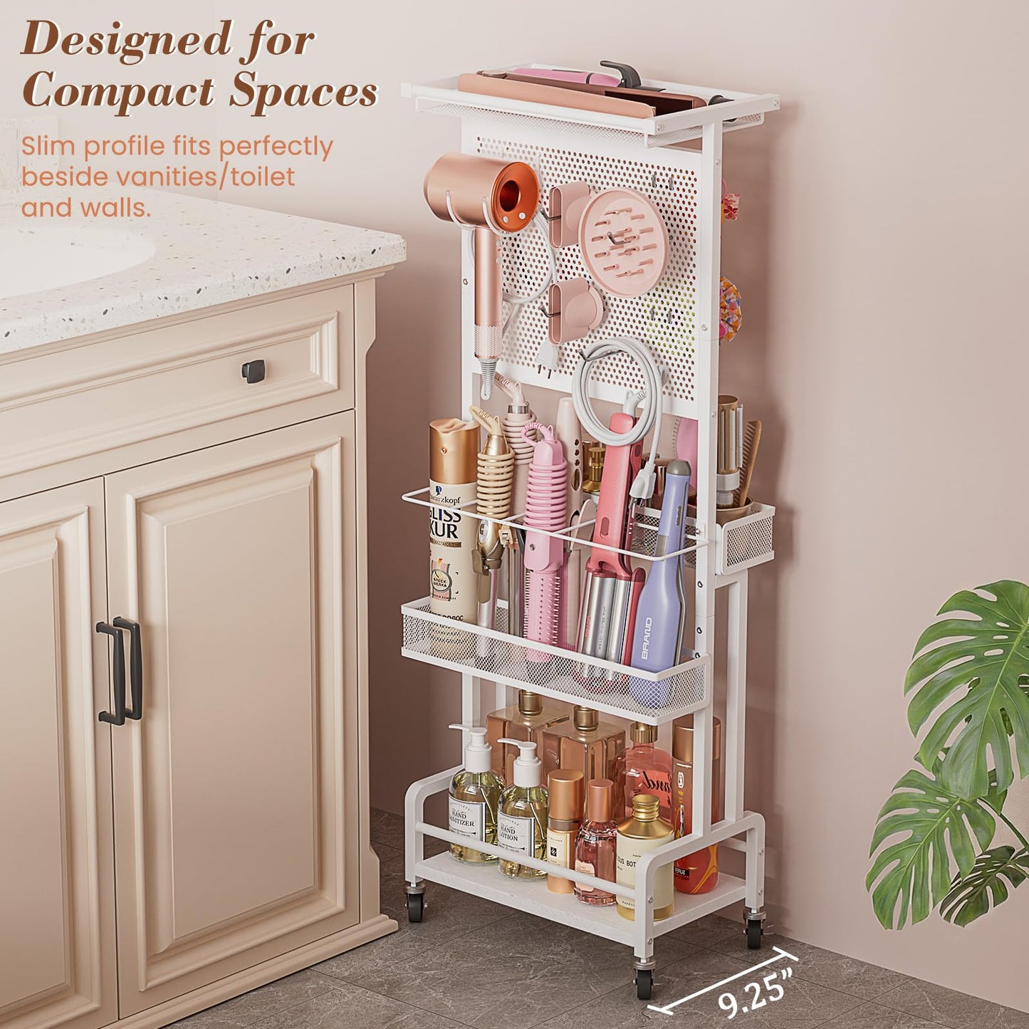 Hair Tool Organizer Cart with Hair Dryer Holder, Narrow Bathroom Storage Cart for Curling Flat Iron & Hot Tools, Slim Hair Appliance Organizer for Vanity Styling Tools, Salon Cart with Tray on Wheels