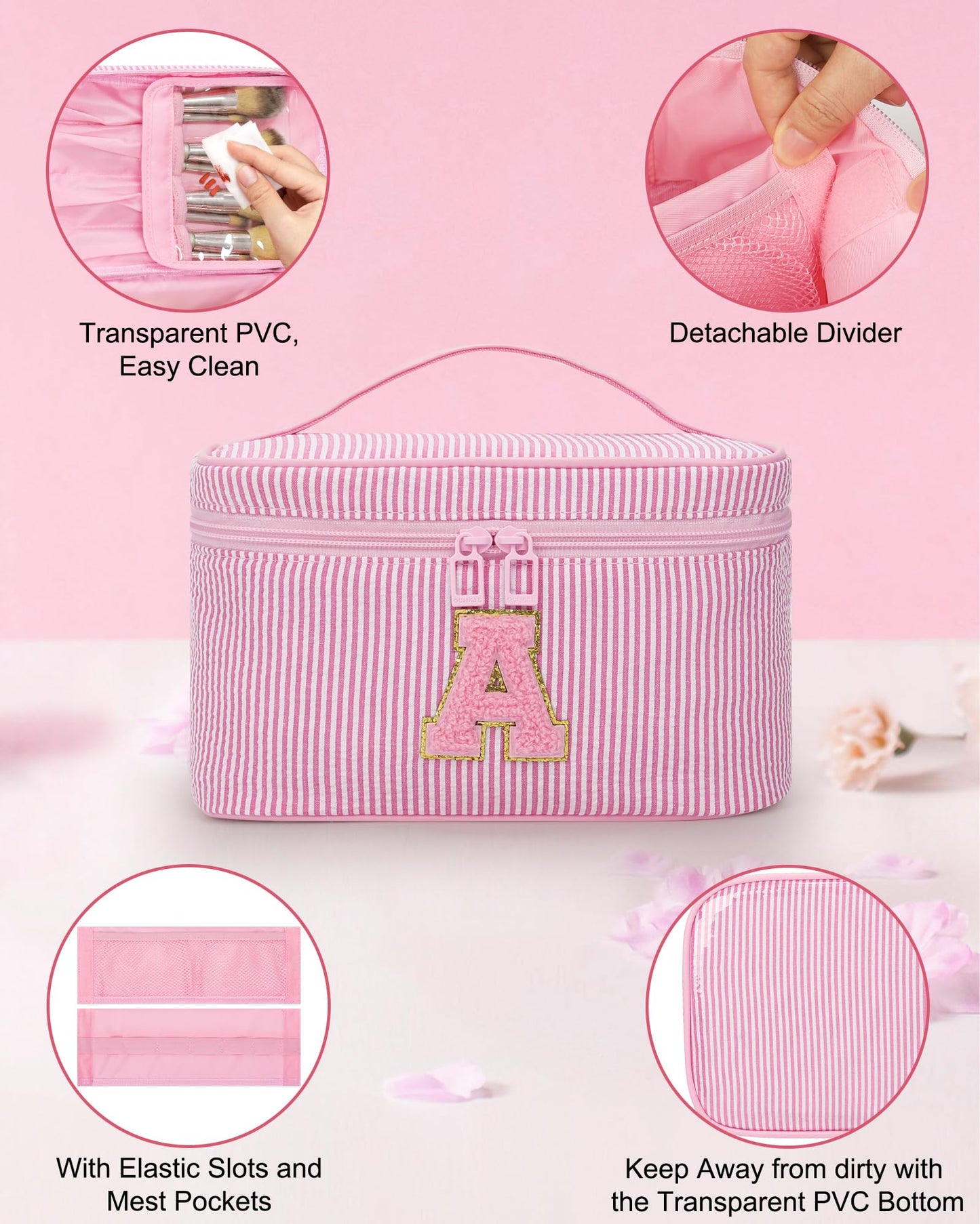 MONSTINA Initial Makeup Bag,Monogram Pouch Gifts for Teens,Personalized Cosmetic Bag for Girls&Women,Cute Letter Make Up Bag,Pink A