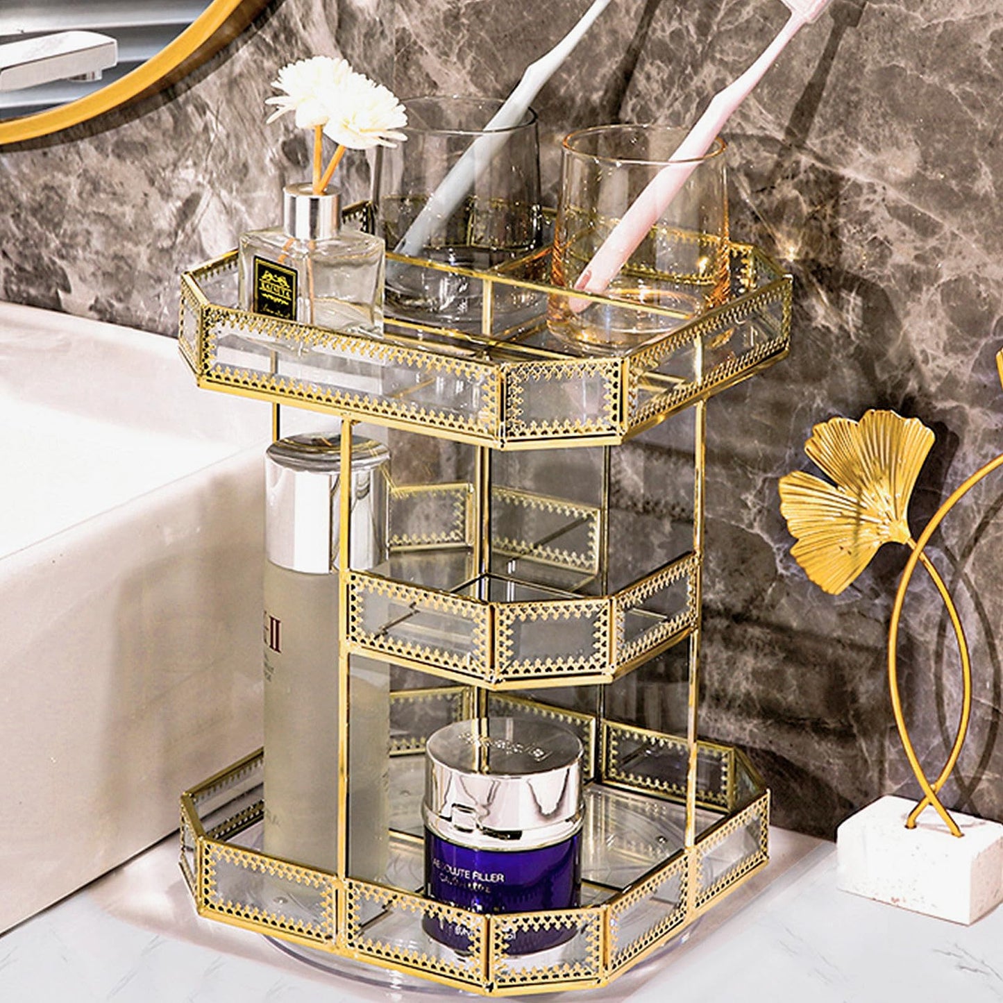 ZOOFOX 360 Degree Rotating Glass Makeup Organizer, Large Cosmetics Storage Display Holder with Gold Trim for Vanity, Clear Makeup Carousel for Perfume, Cosmetics, Brushes, Lotion, Lipsticks