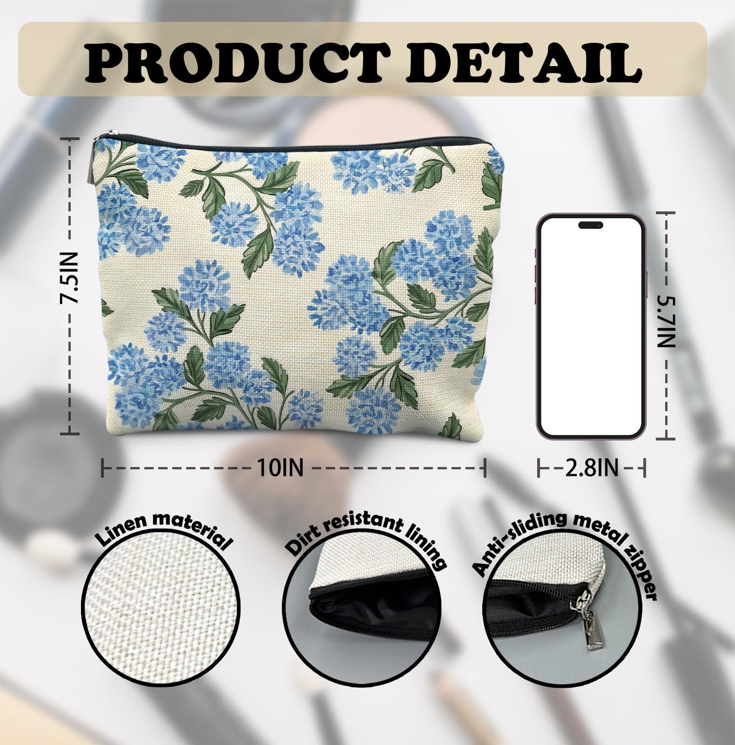 Elpwk Blue Hydrangea Floral Makeup Bag for Women, Hydrangea Gifts Cosmetic Bags,Gifts for For Mom Friends Teen Girl & Women Travel, Blue Floral Zipper Makeup Pouch for Purse