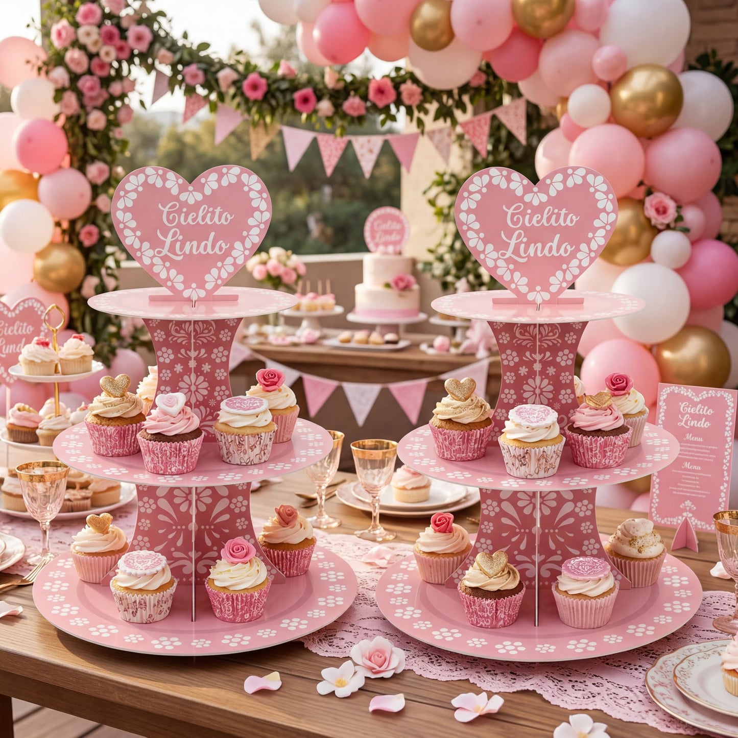 2PCS Pink Mexican Terracotta Cupcake Stand, 3 Tier Cupcake Dessert Tower