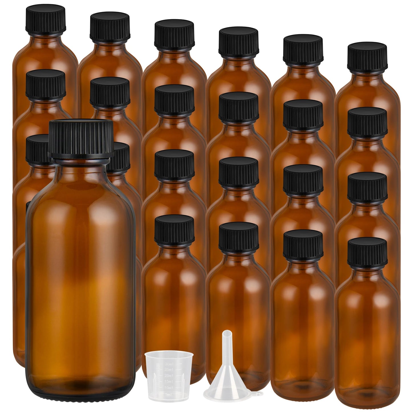 ZBCCEOB 2 oz Small Glass Bottles with Lids Boston Round Shot Bottles for Health,Immunity, Ginger Juice, Essential Oils, Leak Proof Mini Travel Containers (Amber, 24Pack)