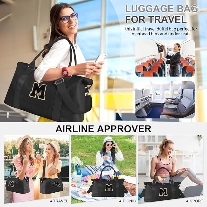 Dance Gym Duffel Bag for Teen Girls, Personalized Initial Travel Weekender Bag,Cute Overnight Carry On Duffle for Women,Sports Travel Cheer Bag,Monogram Christmas Gifts for Tween Preppy(black-M)