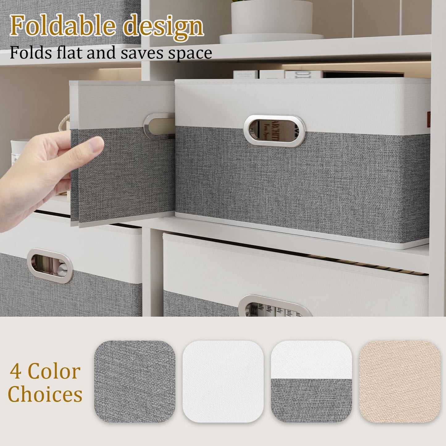 Yawinhe Fabric Storage Baskets, Foldable Closet Organizer for Shelves, Large Boxes with 3 Handles, Canvas Bins for Clothes, White/Grey, 12.99''Lx9.05''Wx7.87''H, 4-Pack
