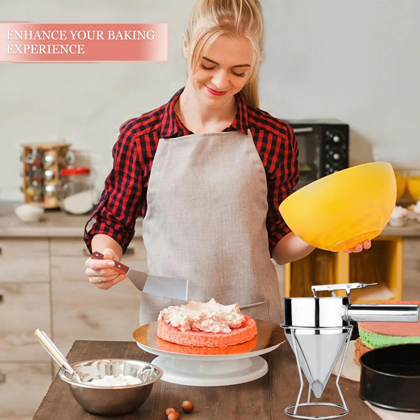 KOLIBROX Piston Funnel with Stand - Stainless Steel Confectionery Funnel for Batter Dispensing & Bakery Use - Precise Cake Decorating Tool - Perfect for Pouring Sauces, Chocolate & Fillings | Silver