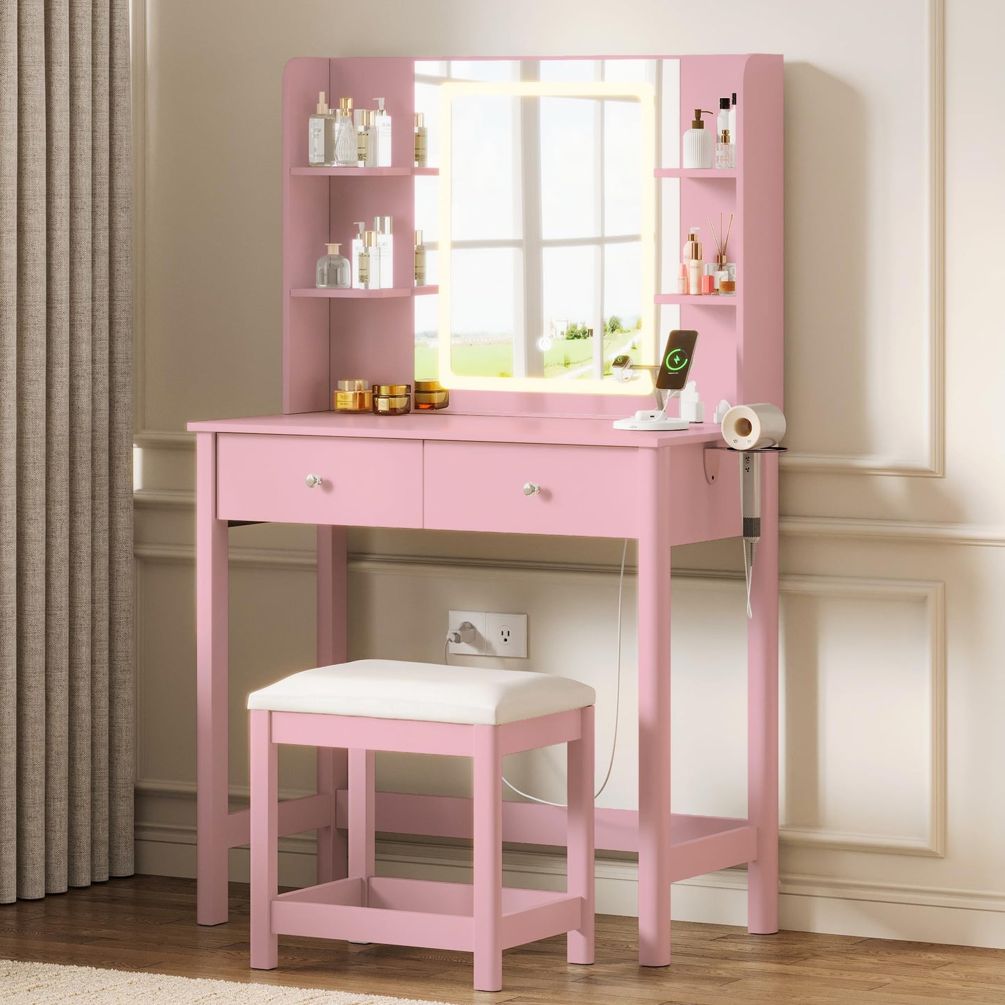 ProsperHaven Vanity Desk with Mirror and LED Lights, Small Makeup Vanity Table Set with Drawers and Chair, Dressing Table with Power Outlet for Girls Bedroom, Pink
