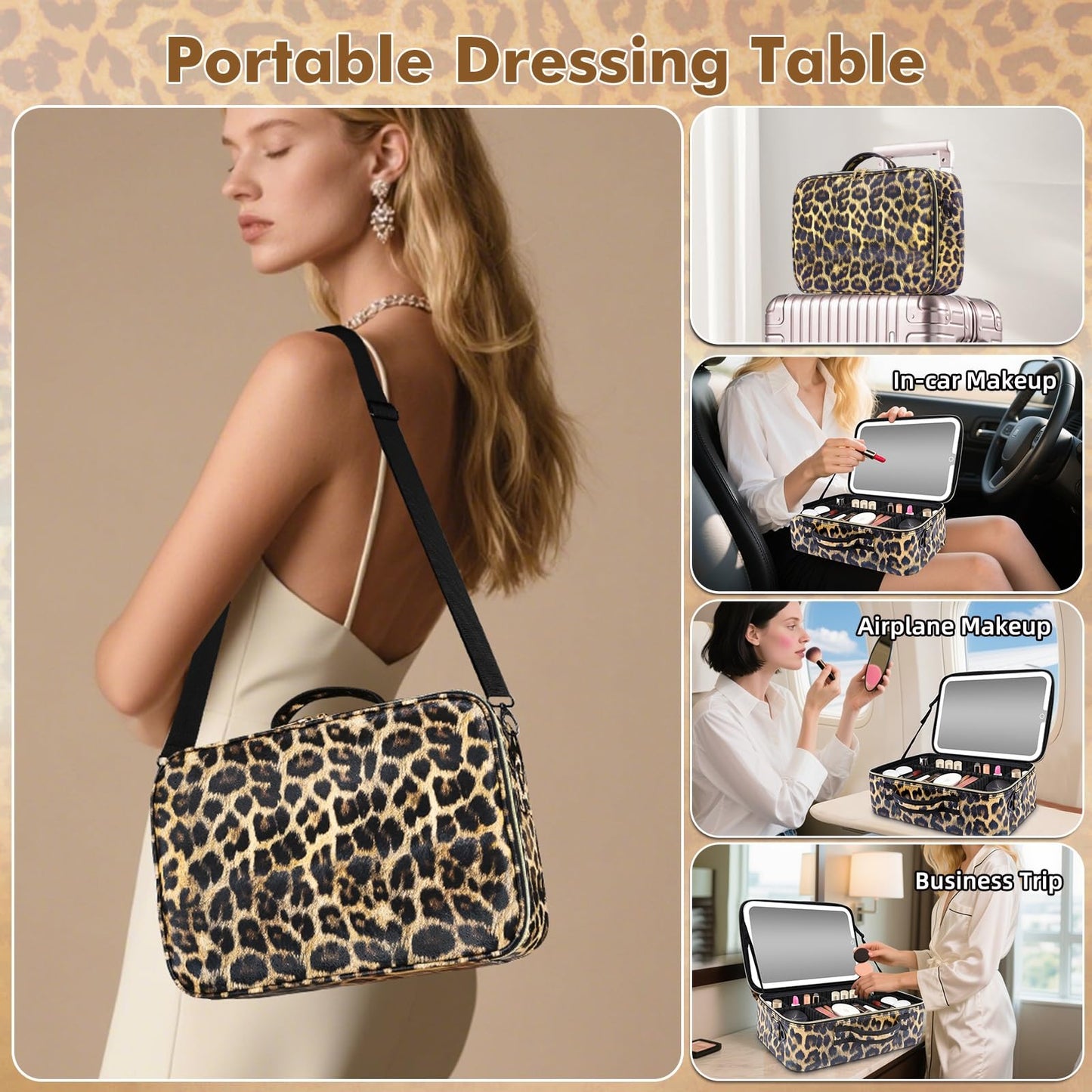 saiggnyy Large Travel Makeup Bag with LED Mirror, 3-Color Stepless Dimming Stand Mirror Detachable, with Adjustable Divider, Makeup Brush Holder Storage (Leopard)