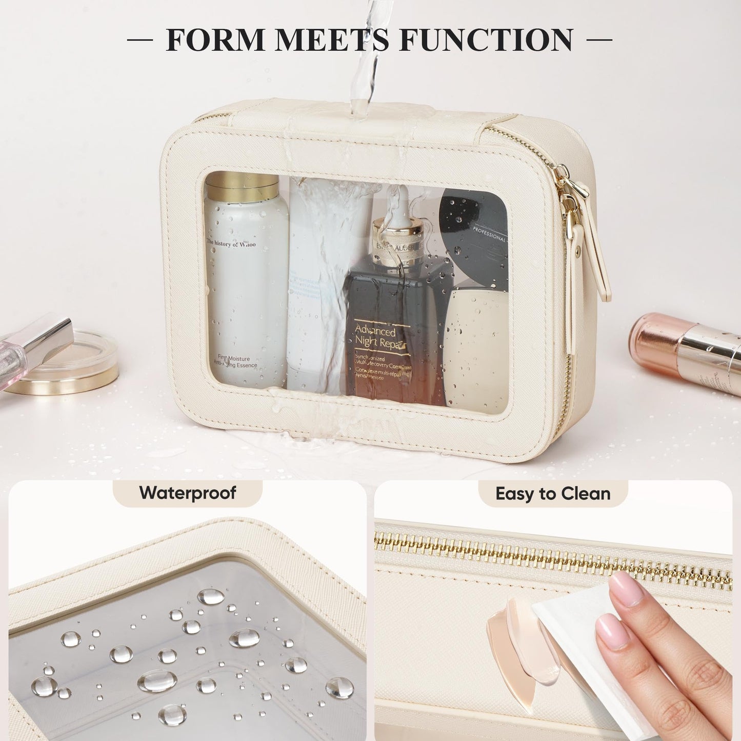 MSTONAL Clear Makeup Bag, Travel Toiletry Bag Cosmetic Case for Women, Waterproof Portable Make Up Skincare Pouch with Zipper, Compact Car Organizer Bag for Essentials, Medium Size, Beige