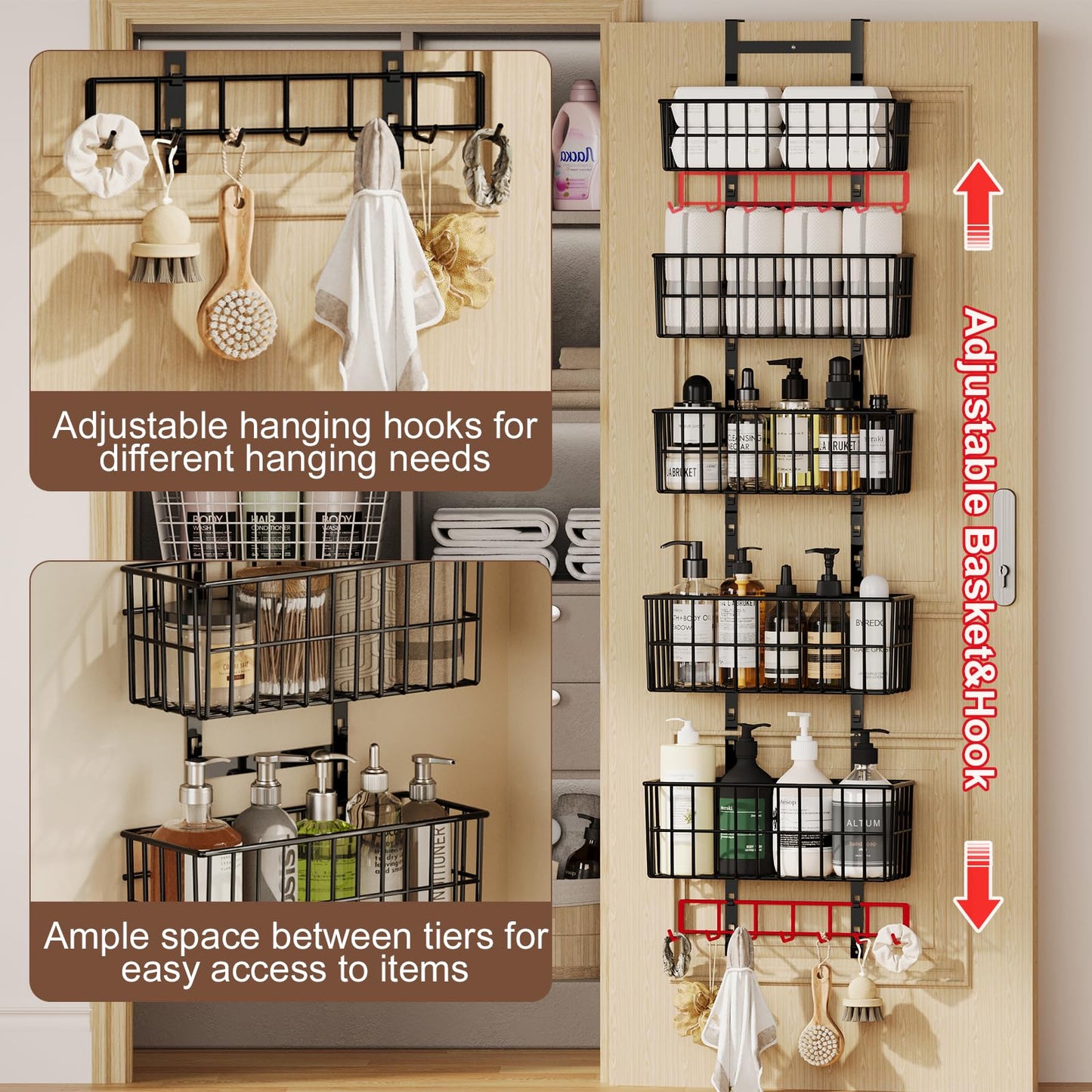 Hongtamoya Adjustable Over the Door Organizer, Metal Hanging Door Organizer with 5 Wire Basket 7 Hooks, Wall Mounted Shelf for Pantry Laundry Organization and Storage, Black