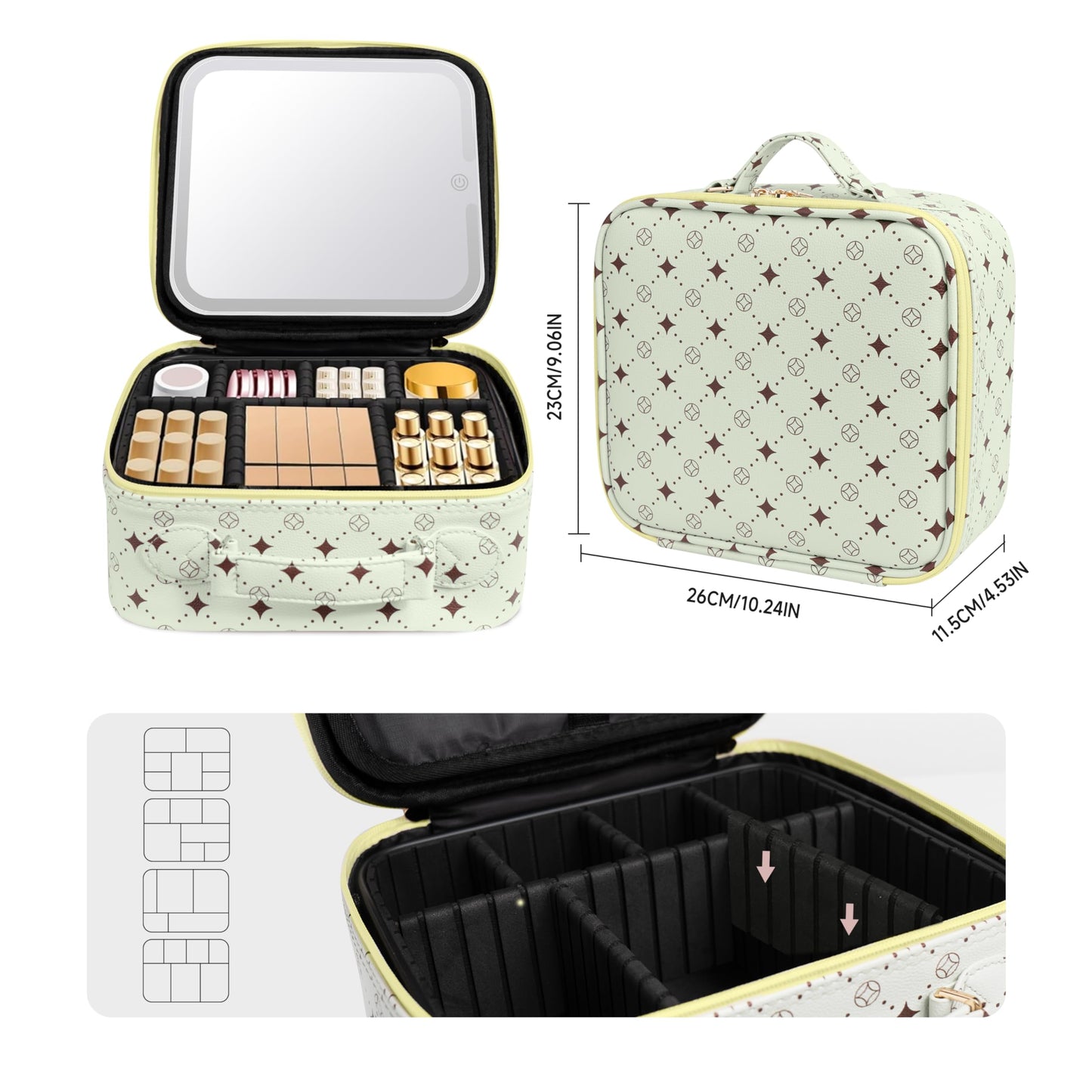 Travel Makeup Bag With 360° rotating LED Mirror,Waterproof cosmetic organizer,Portability Cosmetic case,Makeup organizer,Gift for Women,Girls Gift (Green+Yello)