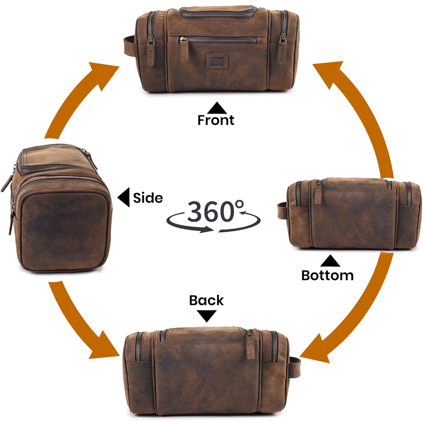 LEATHER VILLAGE Genuine Leather Travel Dopp Kit for Men & Women – Water-Resistant Large-Capacity Hanging Toiletry Bag for Travel, Grooming, Bathroom Organization, Shaving Essentials & Gym Use - Brown
