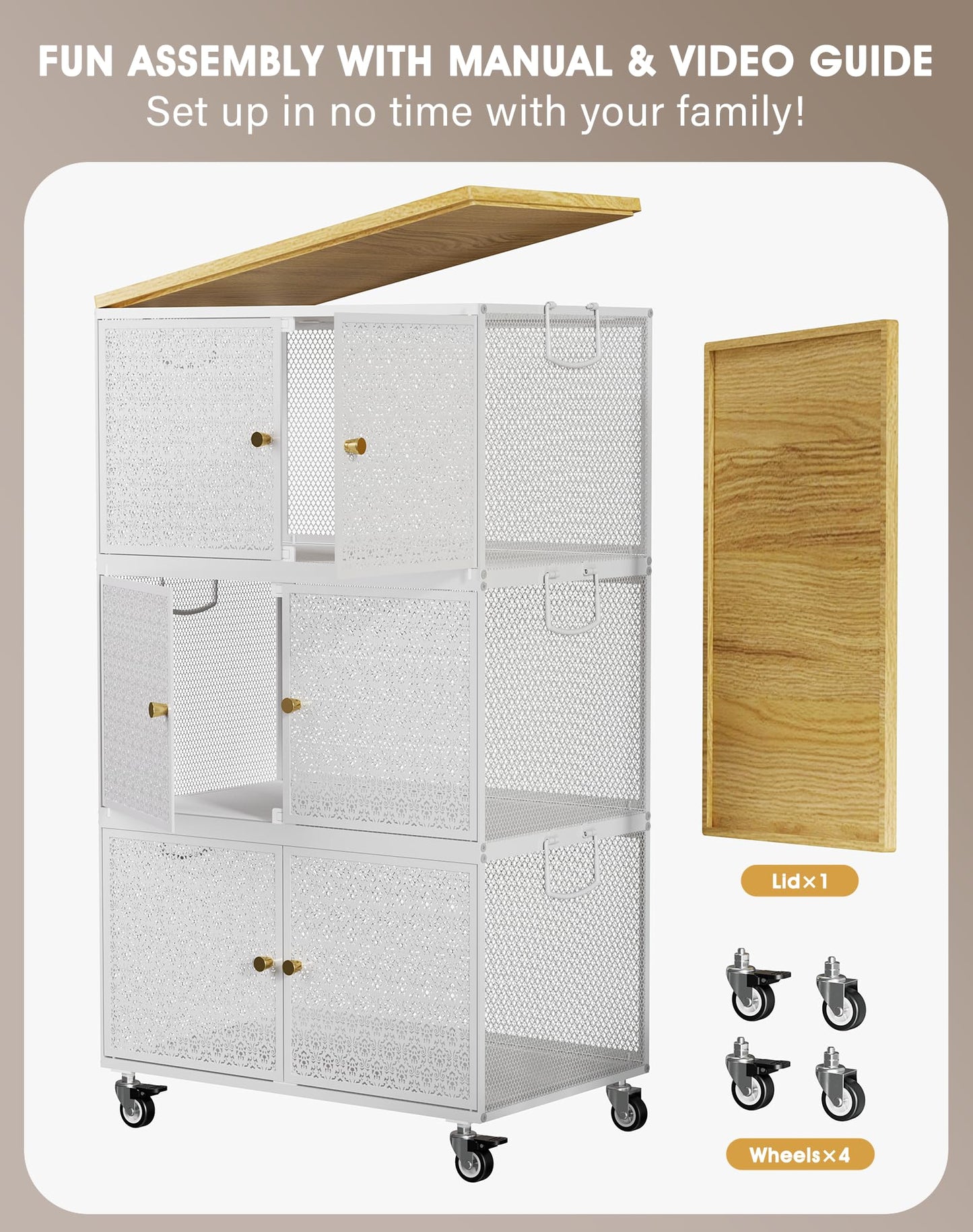 3 Tier Metal Storage bins with wheels, Storage Bins with Magnetic Doors, Storage Cart for Living Room