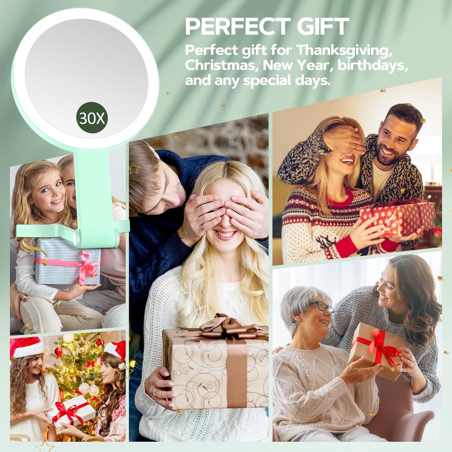 MIYADIVA Lighted Makeup Mirror, 30X Magnifying Mirror with Light, Hanging and Handheld Mirror with Handle, Green