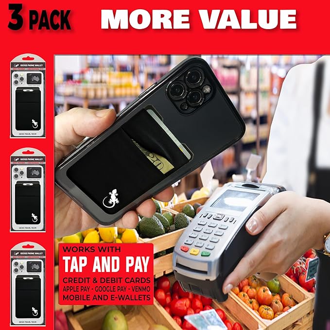 Gecko Travel Tech Double Pocket - Adhesive Card Holder - Cell Phone Pouch - Stick on Spandex Pocket - Carry Credit Cards and Cash (3 PACK - BLACK WHITE)