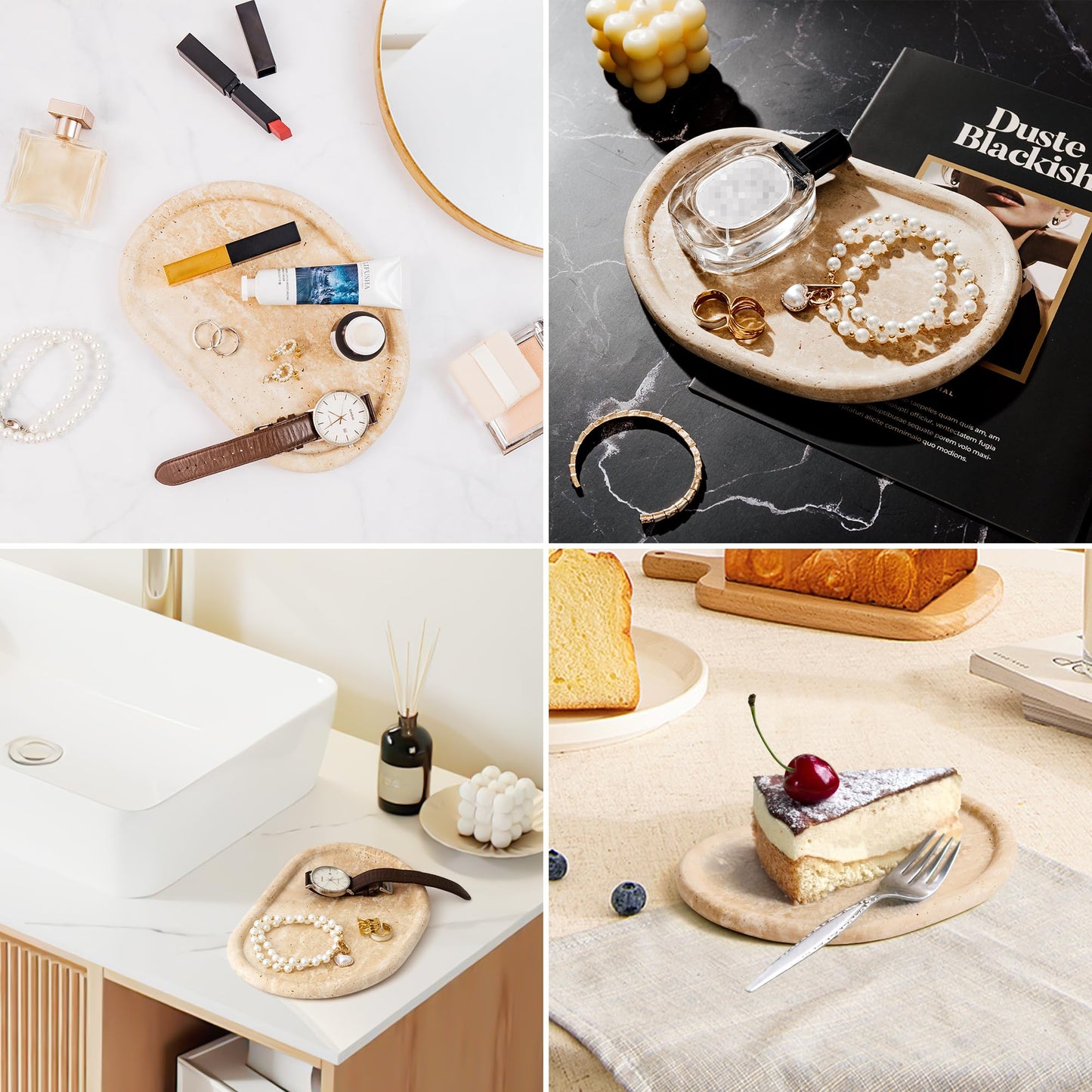 N NANSHOP Natural Travertine Tray, Special-Shaped Jewelry Tray, Marble Ring Dish for BathroomCountertop, Nightstand,Dressing Table, Bedside Table, Home Decor, Beige(Middle)(NS025)
